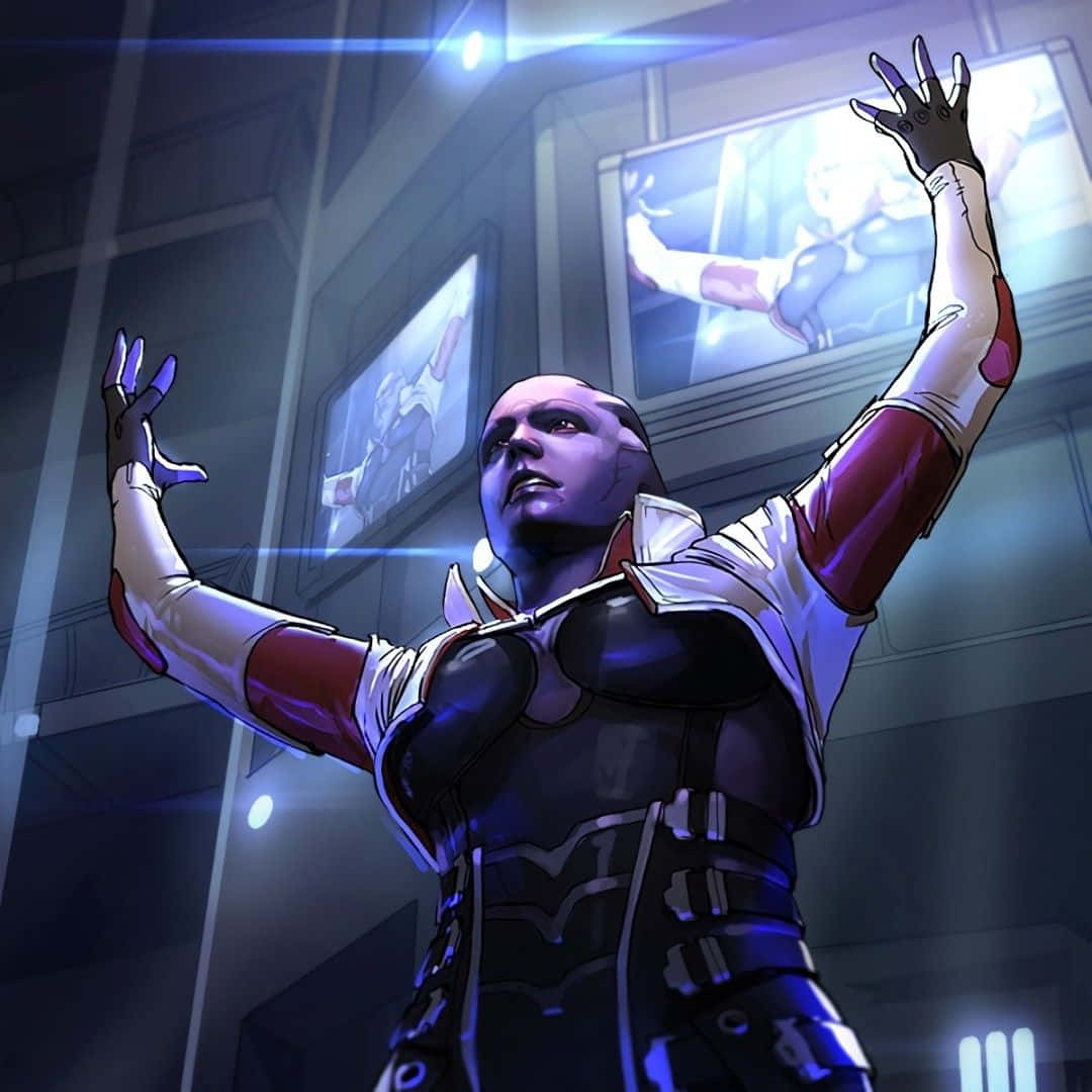 Aria T'loak 桌布 壁紙 — 一個光頭外星人身穿紅白裝甲服，在一個有發光螢幕的未來控制室中舉起雙手。