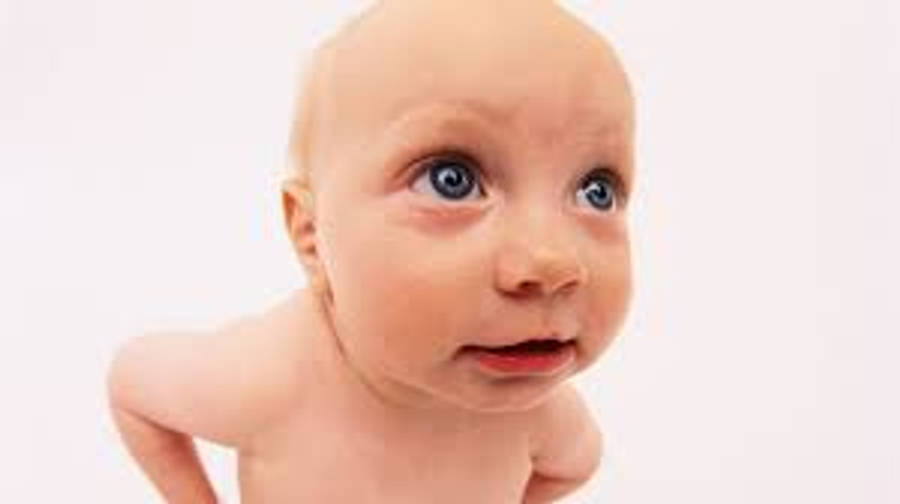 Funny Baby 桌布 壁紙 — 一個光頭寶寶的特寫，他有一雙藍色大眼睛，好奇地看著相機，背景是純白色。