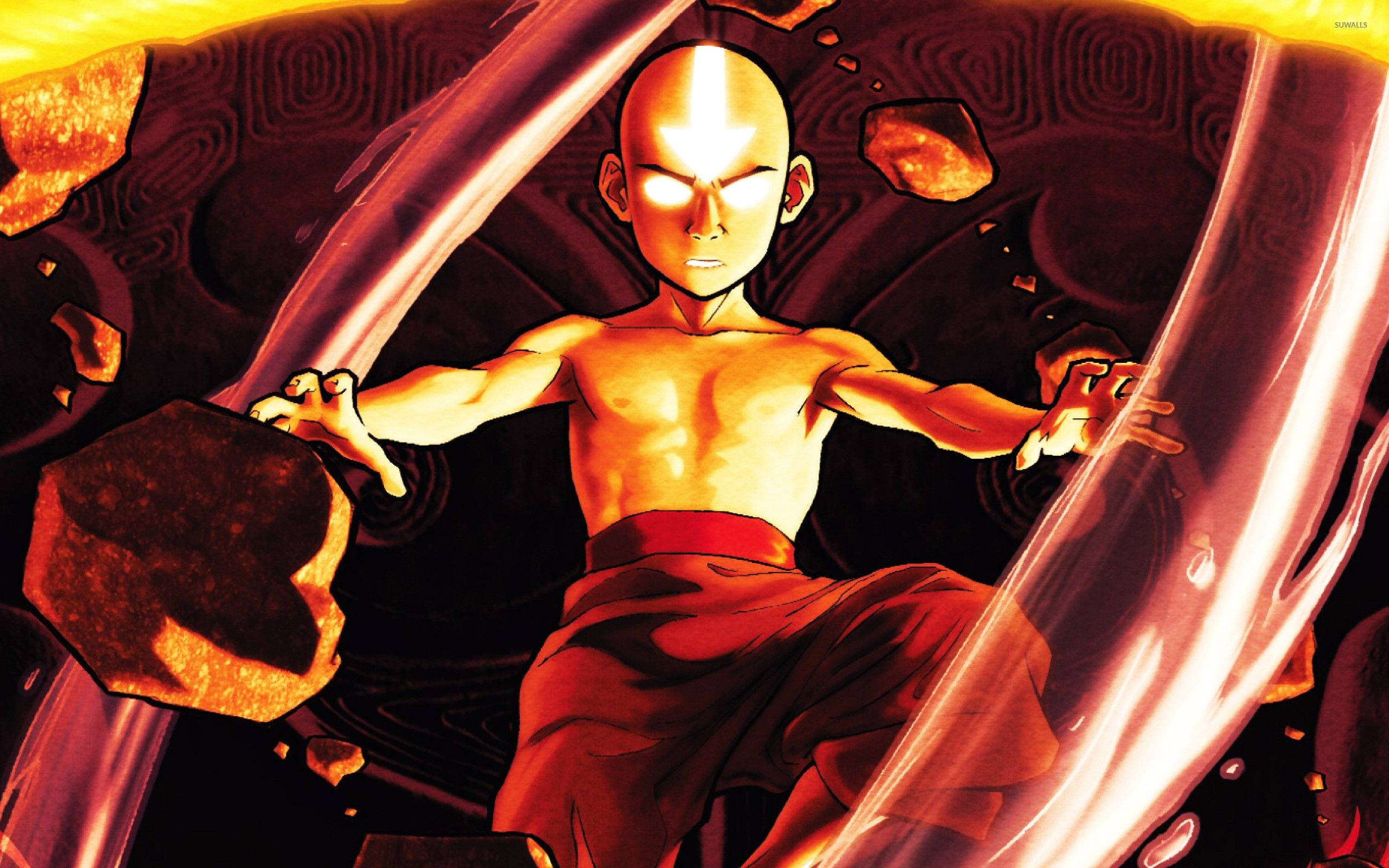 Airbender 桌布 壁紙 — 一個光頭少年身穿紅色長袍，在浮石和旋轉火焰之間，雙手之間引導發光的能量。