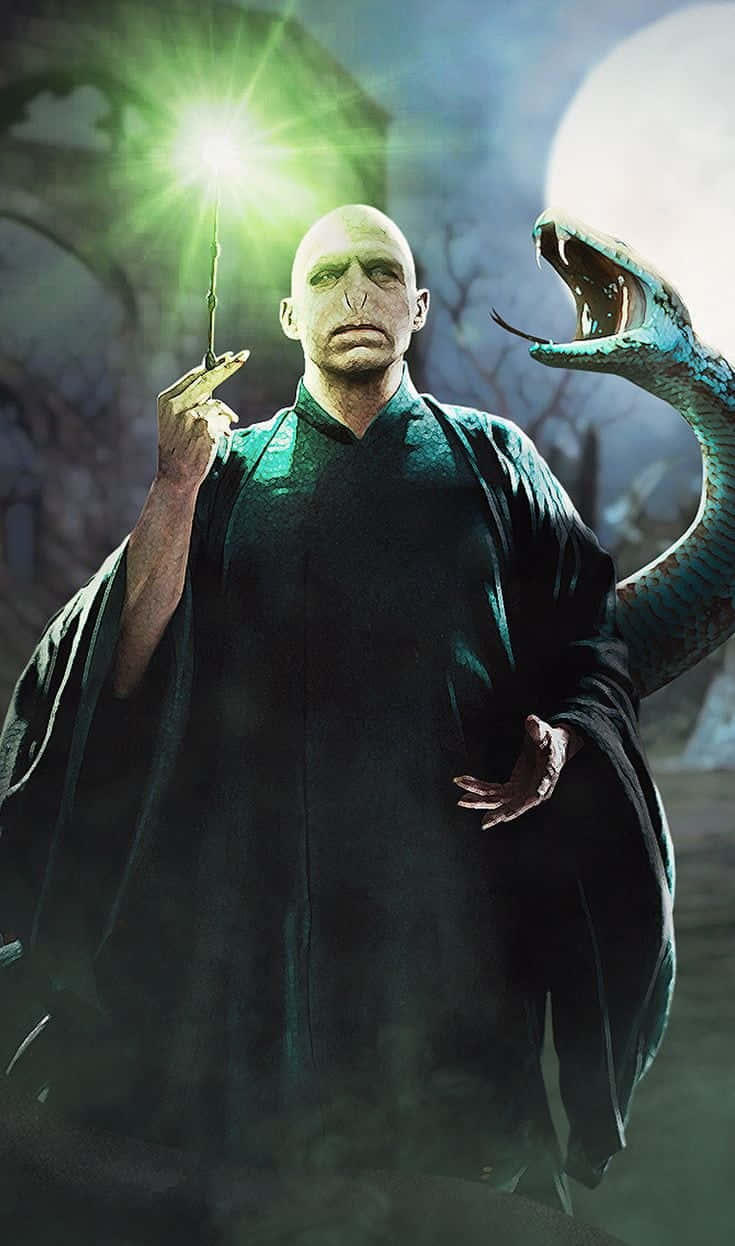 Harry Potter Nagini 桌布 壁紙 — 一個光頭巫師穿著深色長袍，揮舞著發光的魔杖，一條大蛇在滿月下纏繞在他身邊。