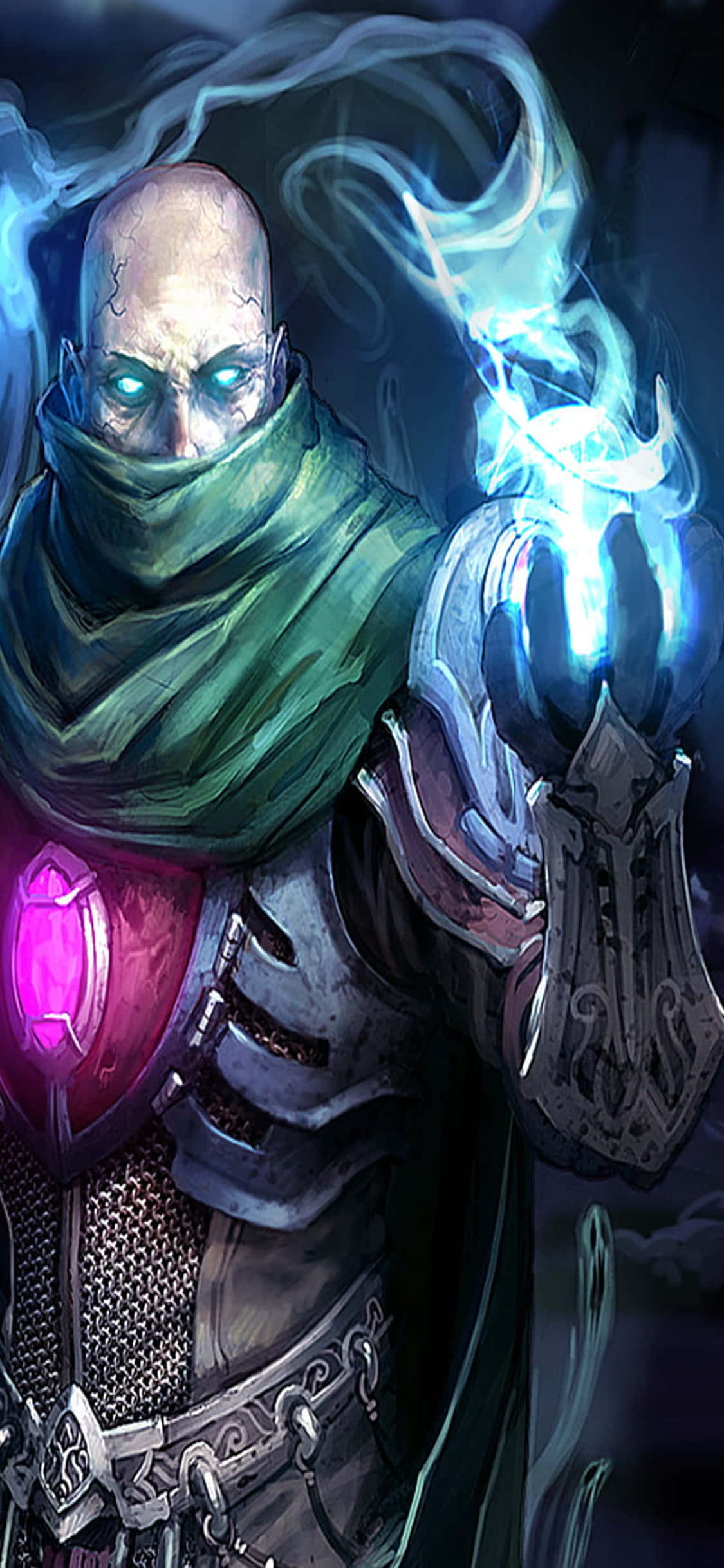 電玩遊戲 桌布 壁紙 — 一個光頭戰士，擁有發光的藍色眼睛和綠色圍巾，從他伸出的手中引導出噼啪作響的藍色魔法。