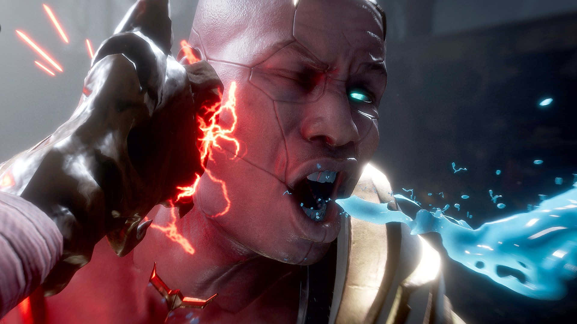 Mortal Kombat Fatality 桌布 壁紙 — 一個光頭戰士，雙眼發光，尖叫著，紅色閃電在他臉上劈啪作響，藍色能量從他嘴裡噴湧而出。