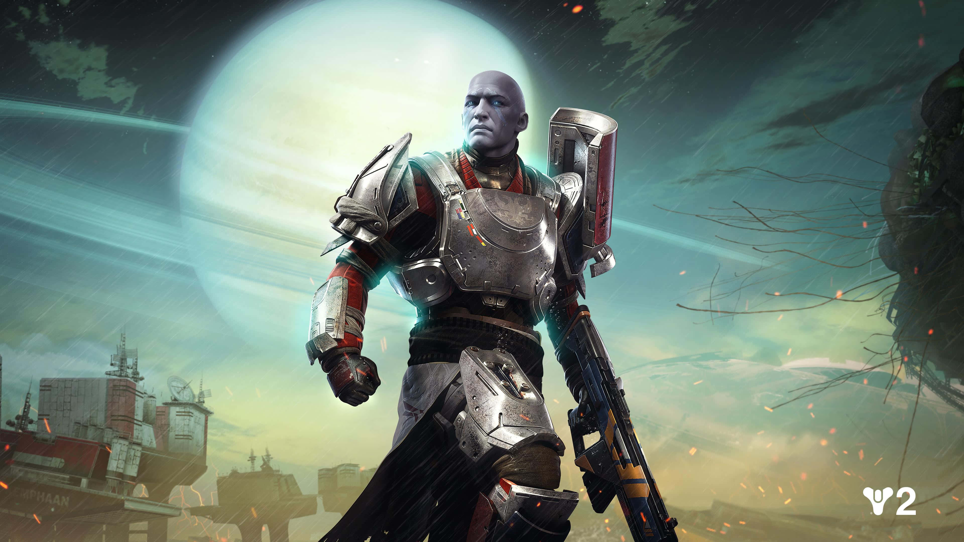 Titan Destiny 2 4K 桌布 壁紙 — 一個光頭戰士穿著未來裝甲，在背景有碎片和外星結構的發光行星前挑釁地站立。