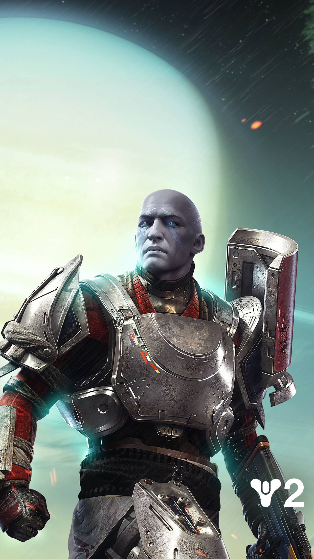 Destiny 2 桌布 壁紙 — 一個光頭戰士穿著精細的銀色盔甲，站在發光的外星行星和星星的背景前。