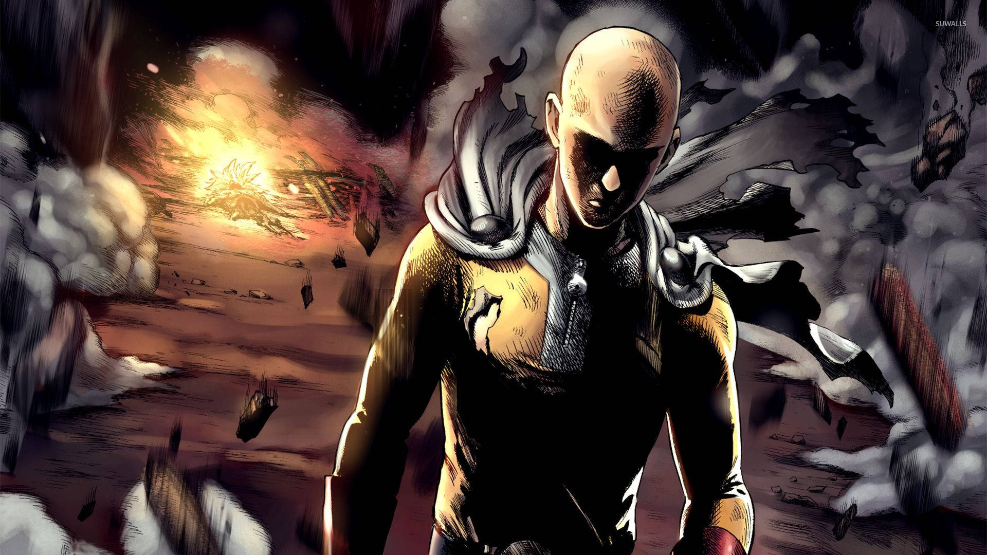 Saitama 桌布 壁紙 — 一個光頭戰士穿著黃色西裝，站在混亂的戰場中，周圍有爆炸和碎片飛舞。