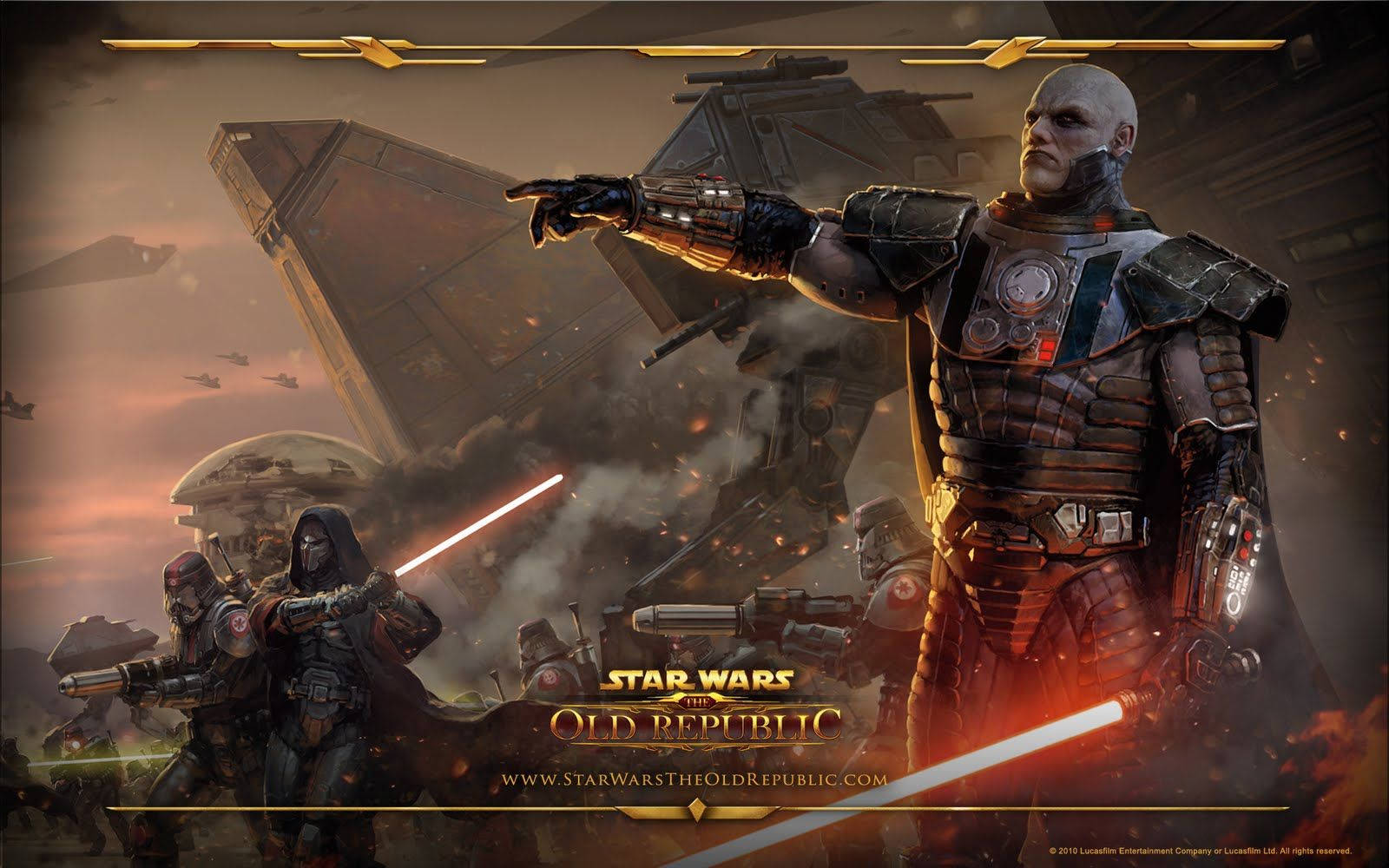 Swtor 桌布 壁紙 — 一個光頭戰士穿著黑色盔甲向前指，身後戰鬥激烈，星際戰機和爆炸在火紅的天空下肆虐。