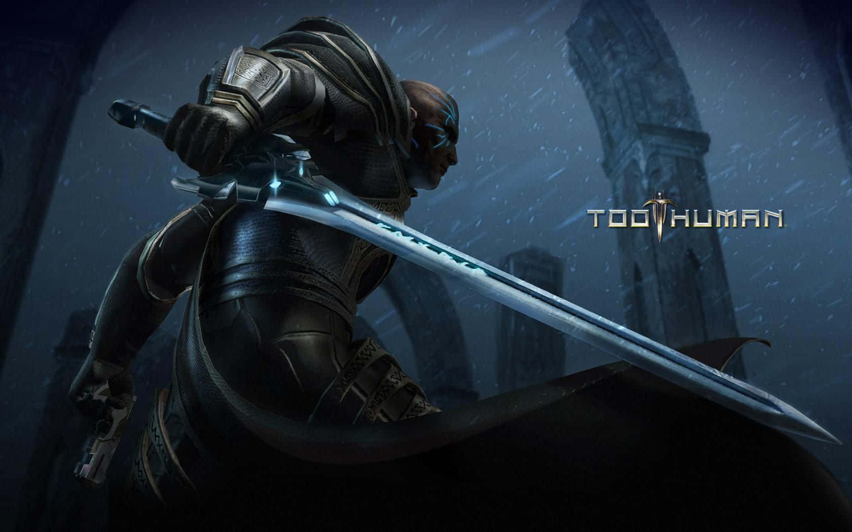 Xbox Games 桌布 壁紙 — 一個光頭戰士身穿暗色盔甲，在風雨交加的天空下，於濕滑的廢墟中緊握一把發光的劍。