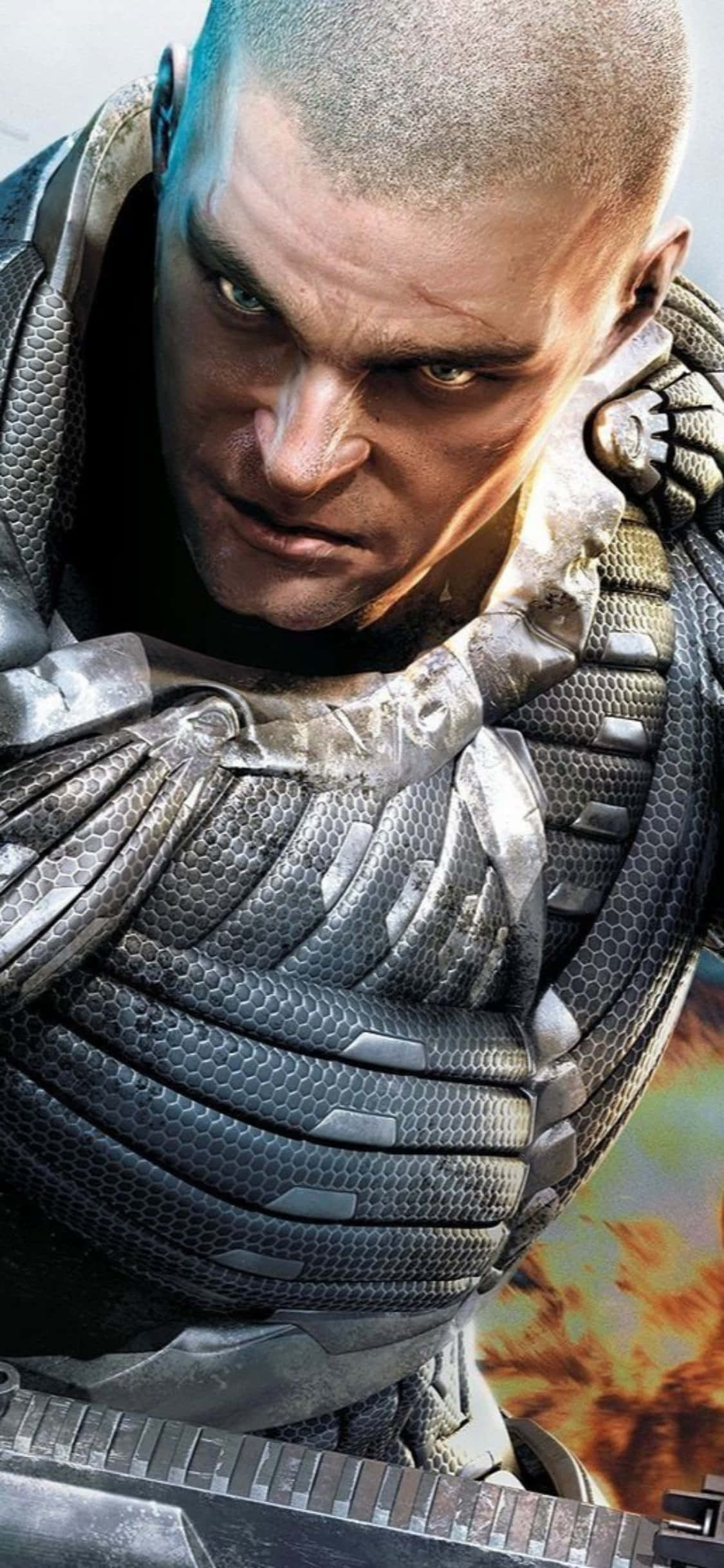 iPhone Xs Crysis Warhead 桌布 壁紙 — 一個光頭戰士身穿精細金屬盔甲，在熾熱背景下露出兇猛表情的特寫。