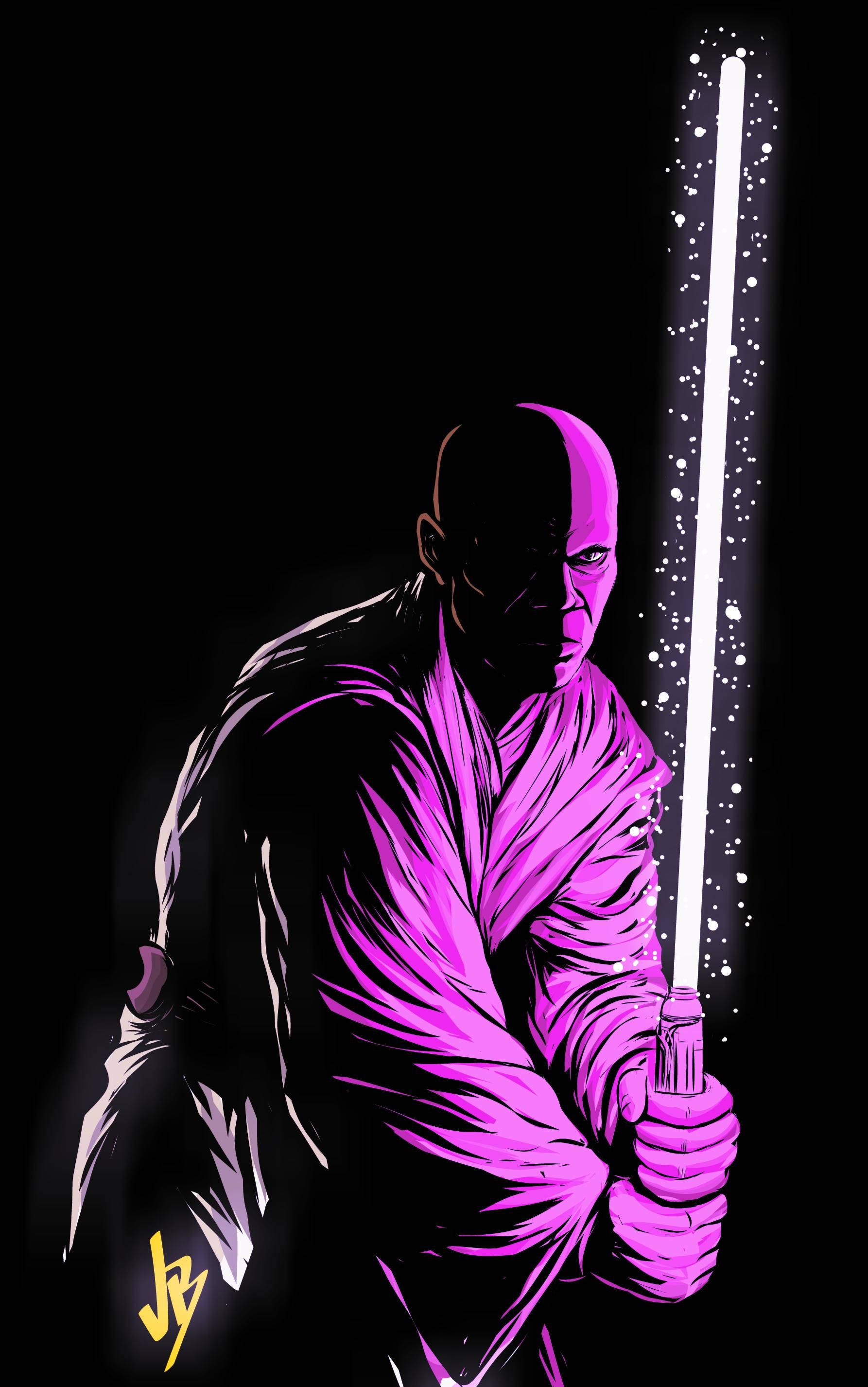 Lightsaber 桌布 壁紙 — 一個光頭戰士身穿紫色長袍，在黑色背景上握著一把發光的白色光劍，周圍有閃爍的粒子。