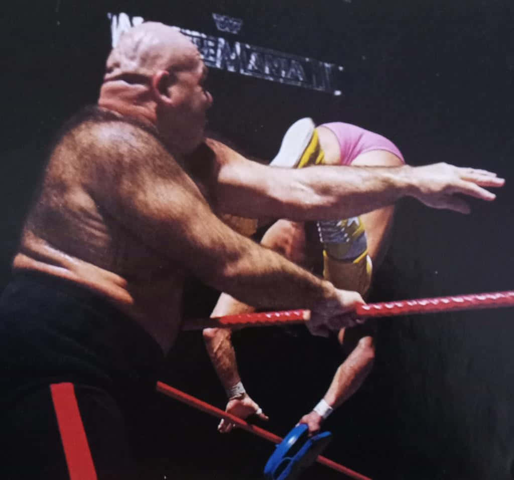 WWE 桌布 壁紙 — 一個光頭摔角手穿著黑色三角褲，在紅色擂台上將另一個穿著粉紅色三角褲的摔角手舉過肩膀。