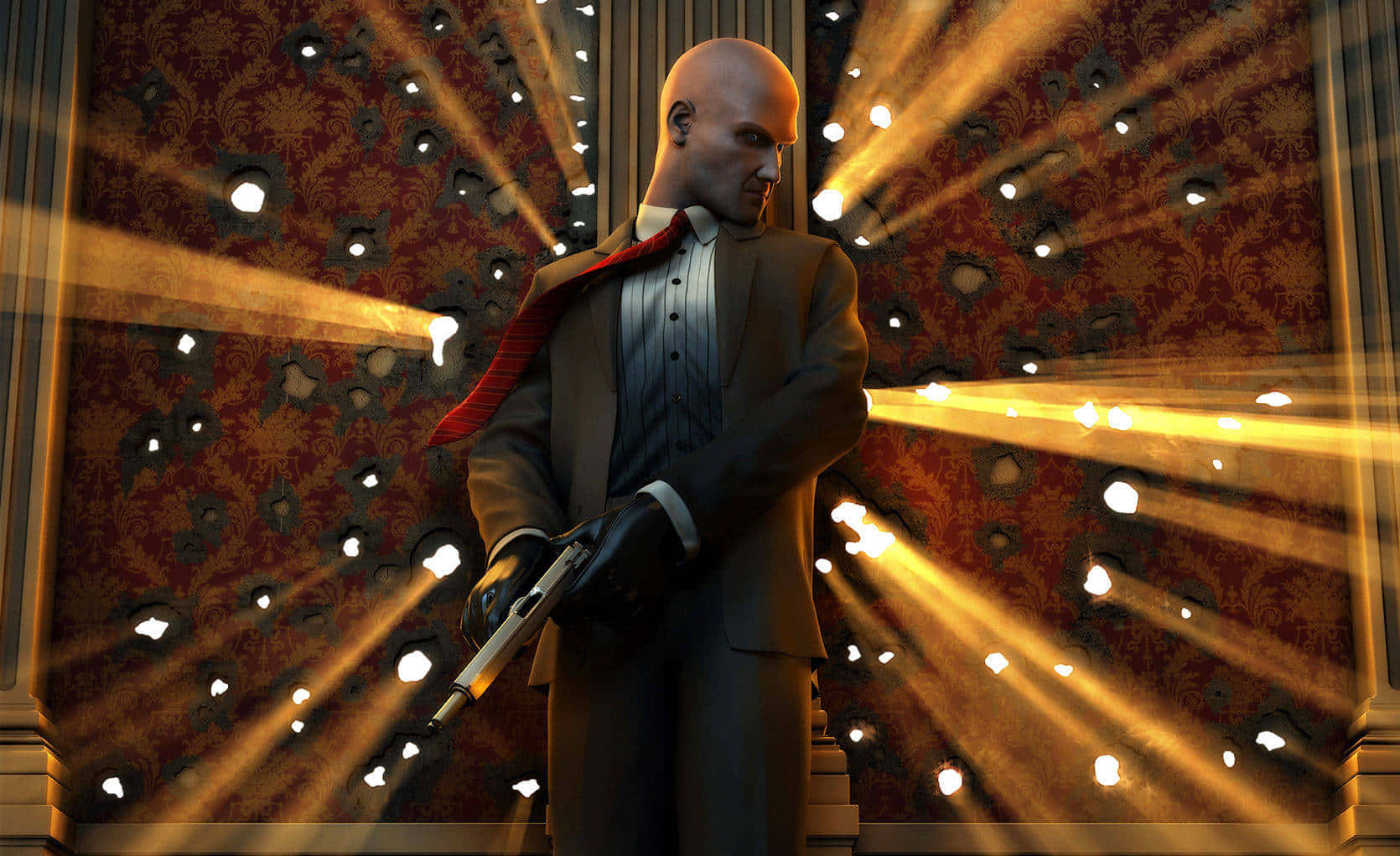 Hitman Desktop 桌布 壁紙 — 一個光頭殺手穿著西裝，在佈滿彈孔的壁紙中手持槍枝，金色光束向外輻射。