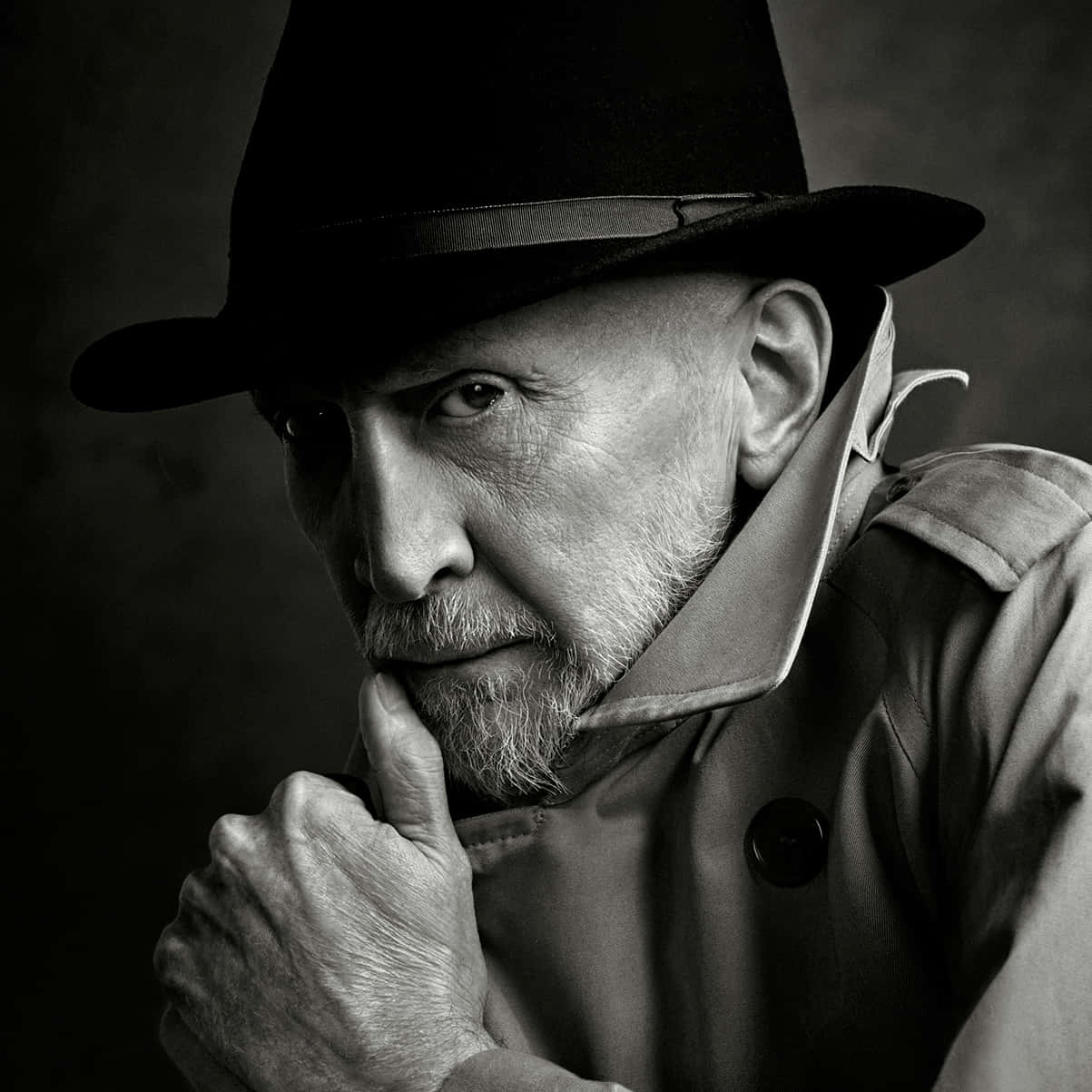 Frank Miller 桌布 壁紙 — 一個光頭灰鬍鬚男人戴著軟呢帽和風衣，手指放在下巴上作沉思姿勢的黑白肖像。