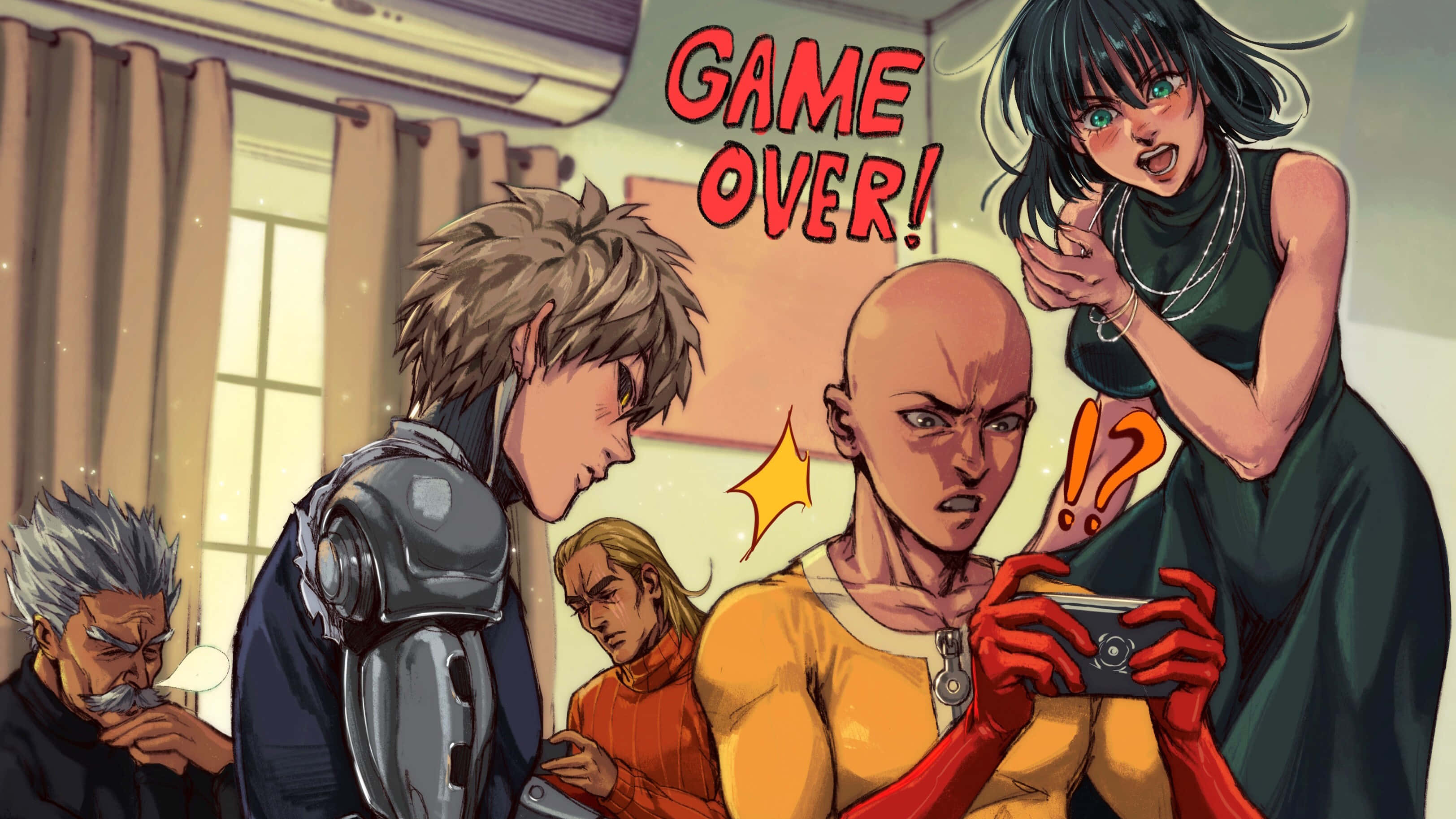 One Punch Man King 桌布 壁紙 — 一個光頭玩家穿著黃色襯衫，當 'GAME OVER!' 在他頭頂閃爍時，他看起來很震驚，而一個穿綠色連衣裙的女人指責地指著他。