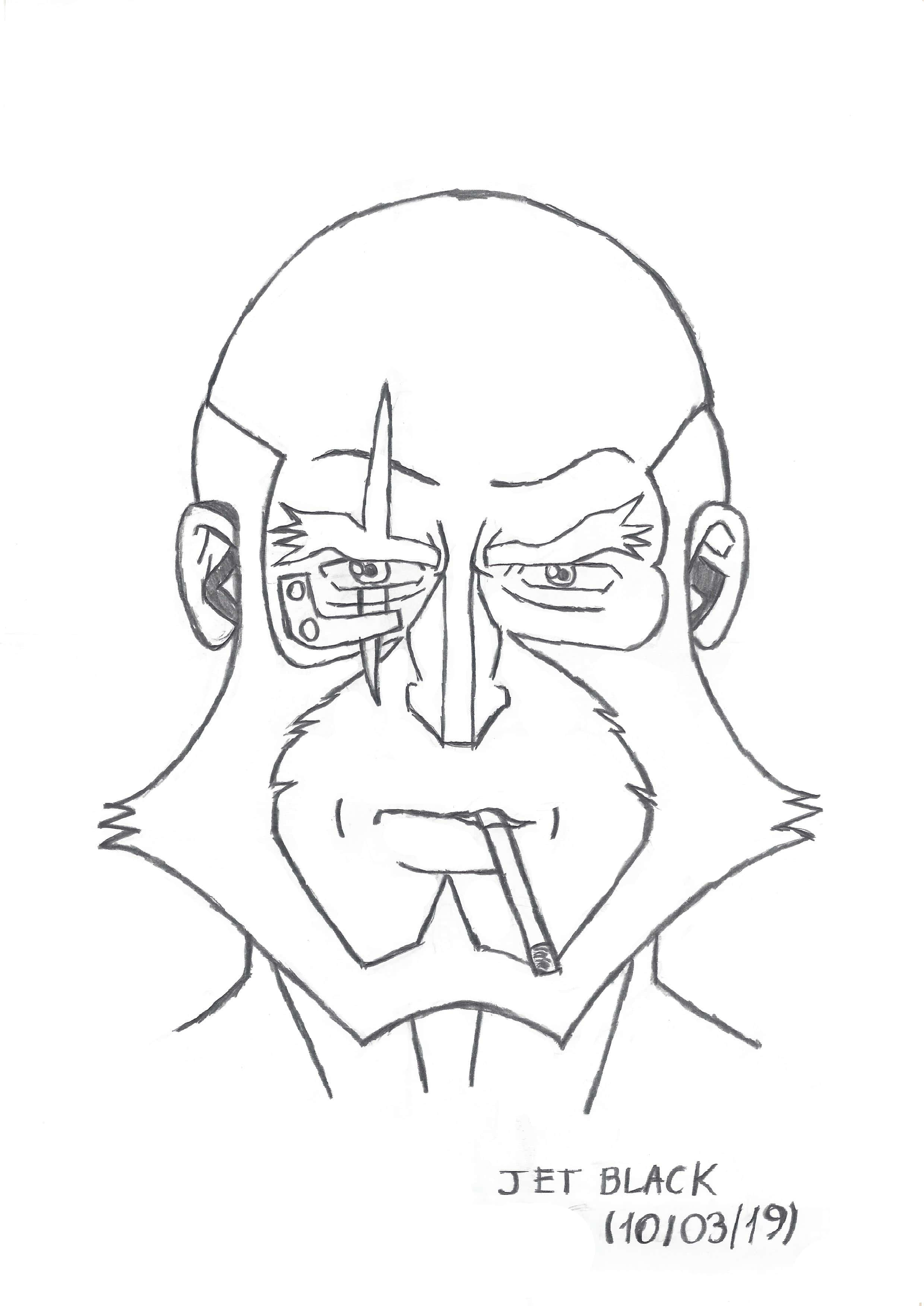 Cowboy Bebop Jet Black 桌布 壁紙 — 一個光頭男人，擁有機械眼睛，嘴裡叼著香煙，黑白線條畫風格鮮明。