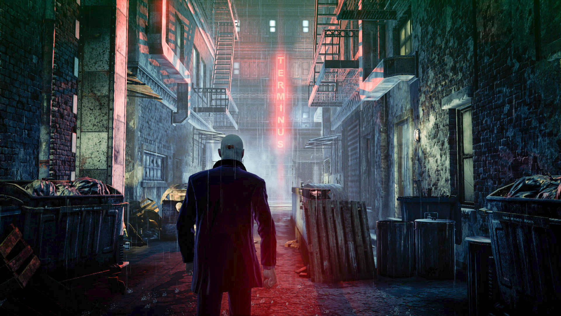 hitman absolution HD 桌布 壁紙 — 一個光頭男人穿著深色外套，沿著骯髒磚樓之間濕滑的雨巷，走向一個發光的紅色霓虹招牌，上面寫著TERMINUS。