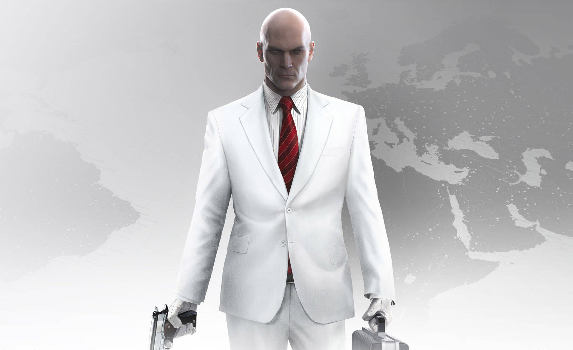hitman iPhone 桌布 壁紙 — 一個光頭男人穿著白色西裝和紅色領帶，在灰色世界地圖背景前拿著槍和公事包。