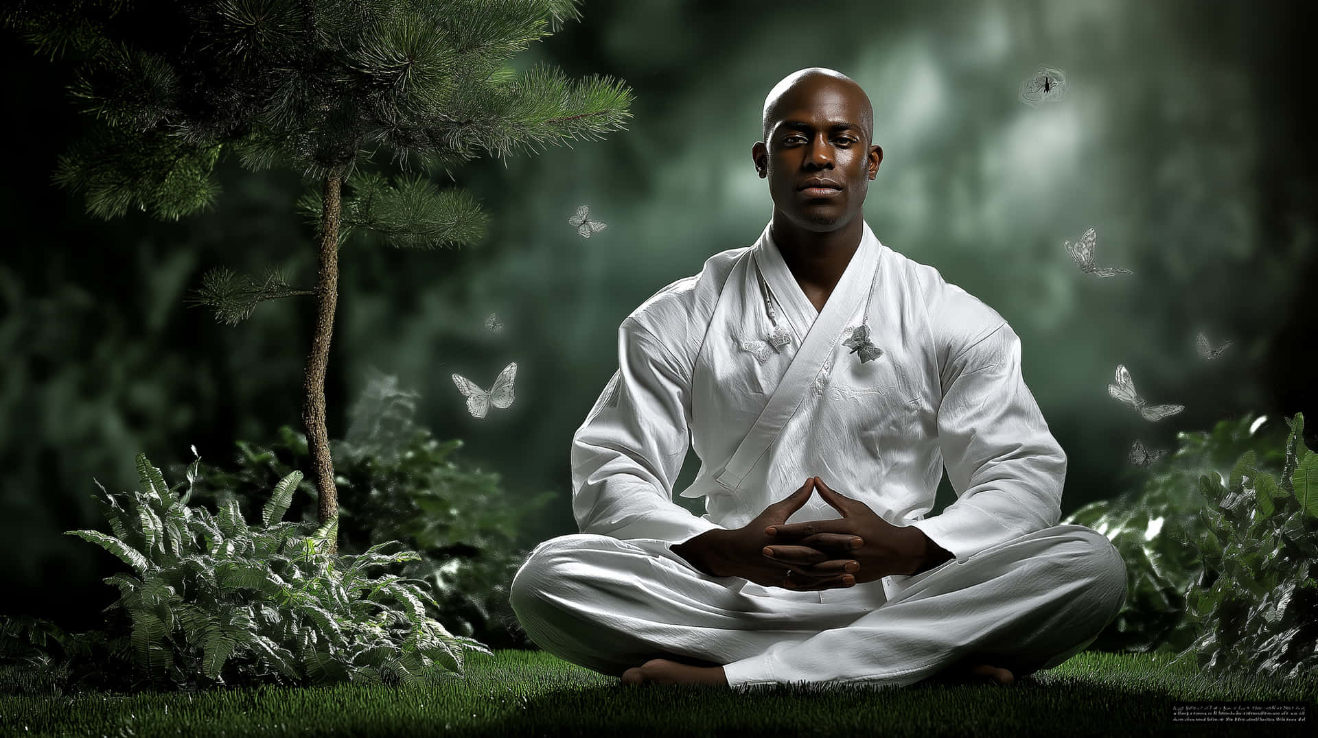 Man Meditating Serene Outdoor Setting with Glowing Butterflies 壁紙 — 一個光頭男人穿著白色長袍盤腿坐在松樹下的草地上冥想，蝴蝶在霧氣瀰漫的森林中圍繞他飛舞。