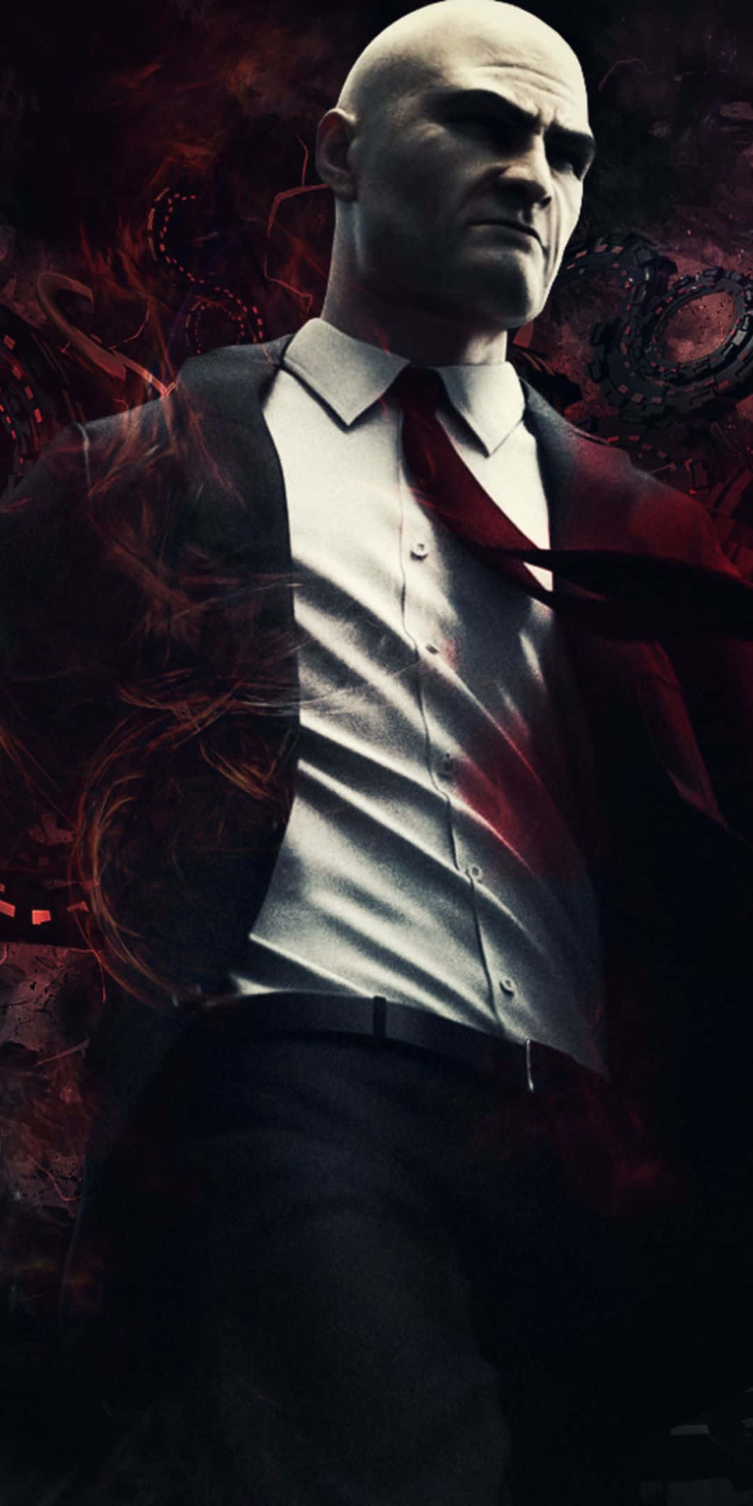 Pixel 3 Hitman Absolution 桌布 壁紙 — 一個光頭男人穿著白襯衫和紅領帶，站在一個帶有機械齒輪的暗紅色漩渦背景前。