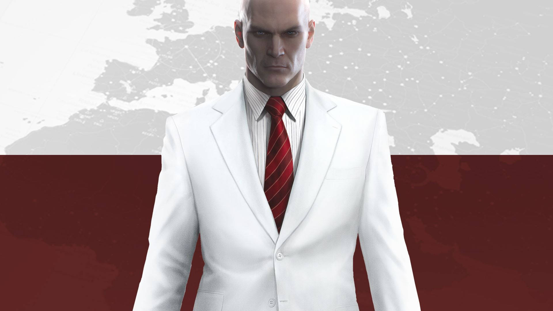hitman iPhone 桌布 壁紙 — 一個光頭男人穿著筆挺的白色西裝和紅色領帶，站在世界地圖和深紅色分割的背景前。
