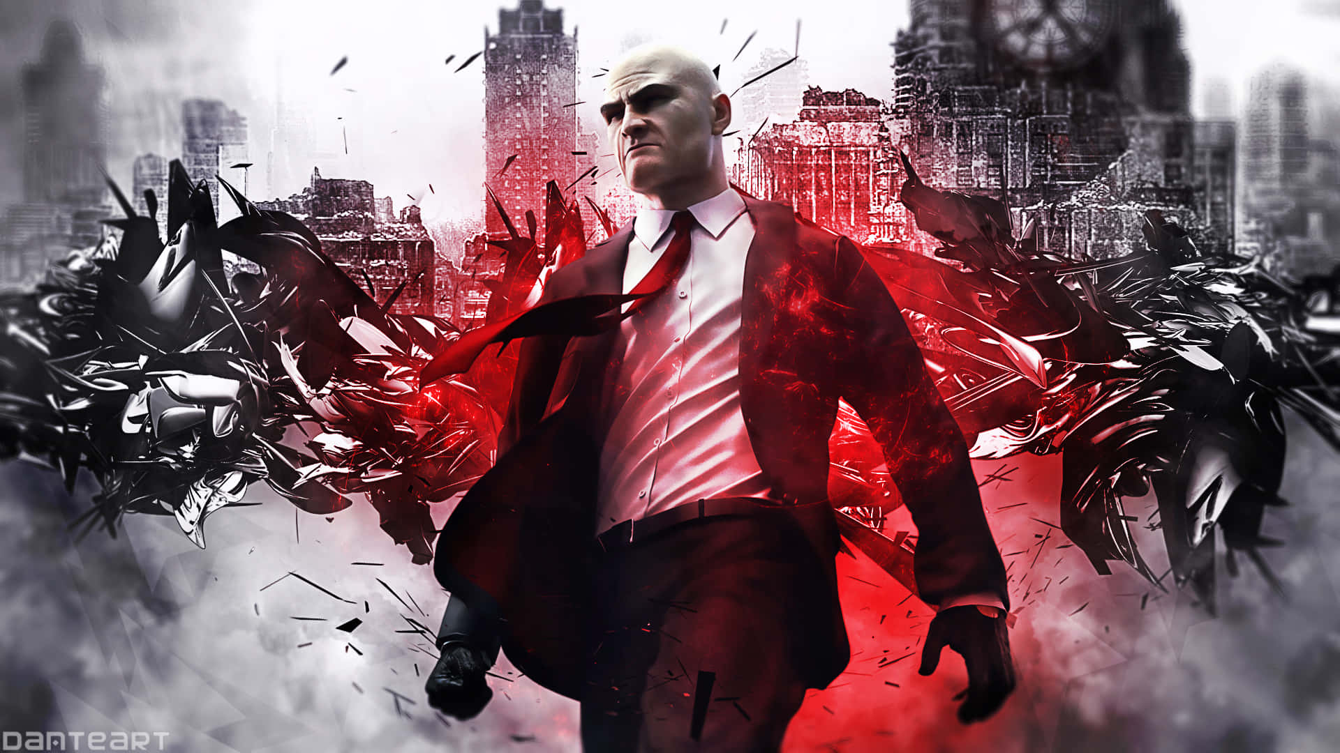 Hitman Desktop 桌布 壁紙 — 一個光頭男人穿著紅色西裝向前邁步，破碎的黑色翅膀從他的背部迸發出來，背景是煙霧瀰漫的城市天際線。