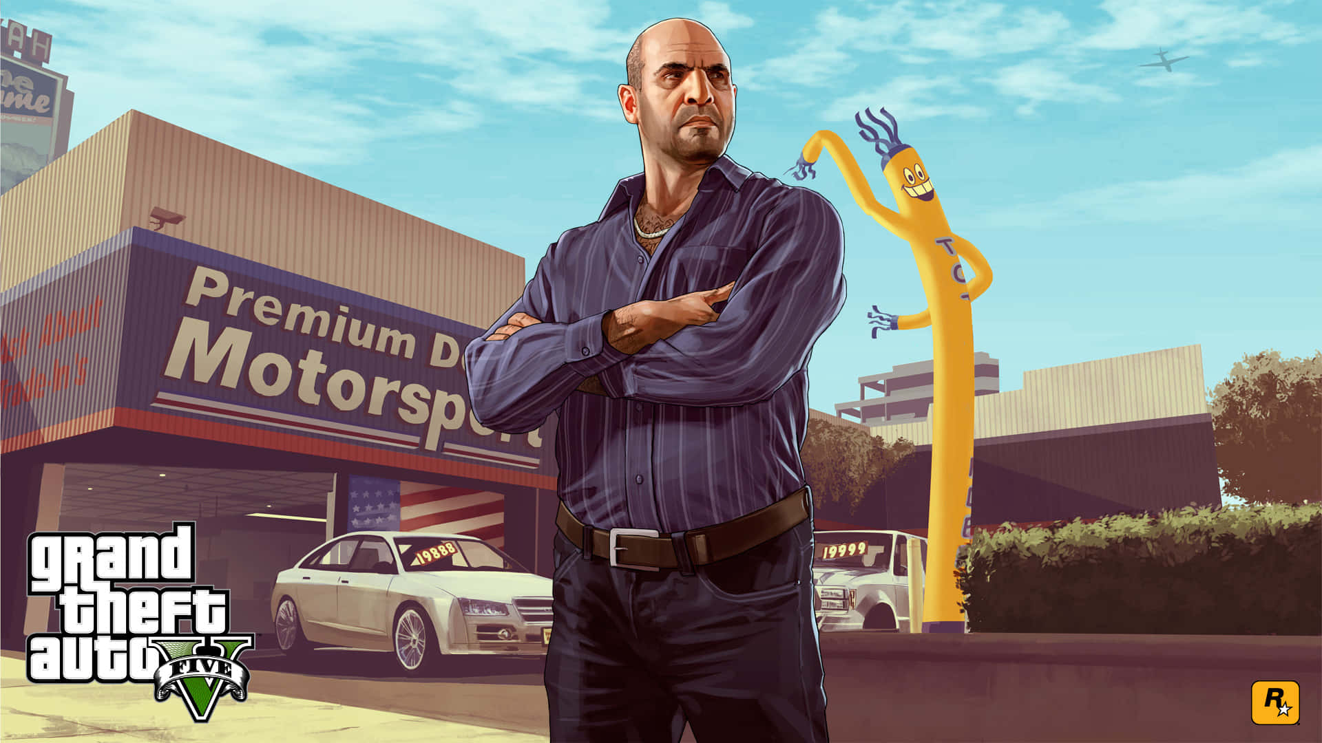 GTA 5 動圖 桌布 壁紙 — 一個光頭男人穿著藍色襯衫，雙手交叉站在「Premium Motorsport」經銷商外面，可以看到一個黃色充氣吉祥物和一輛白色汽車。
