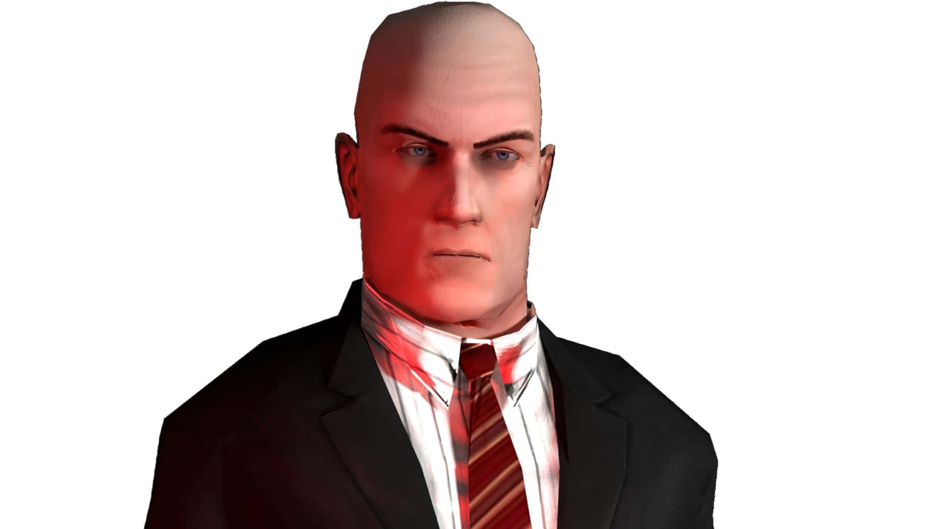 1920x1080 Hitman Absolution 桌布 壁紙 — 一個光頭男人穿著西裝，襯衫和領帶沾滿血跡，在白色背景前強烈凝視。