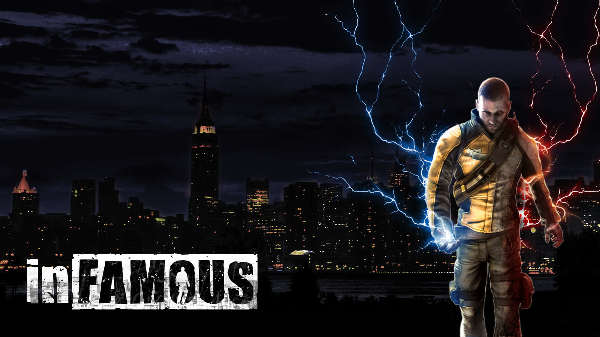 infamous 桌布 壁紙 — 一個光頭男人穿著黃色外套，站在藍色和紅色閃電中，背景是夜晚黑暗的城市天際線。