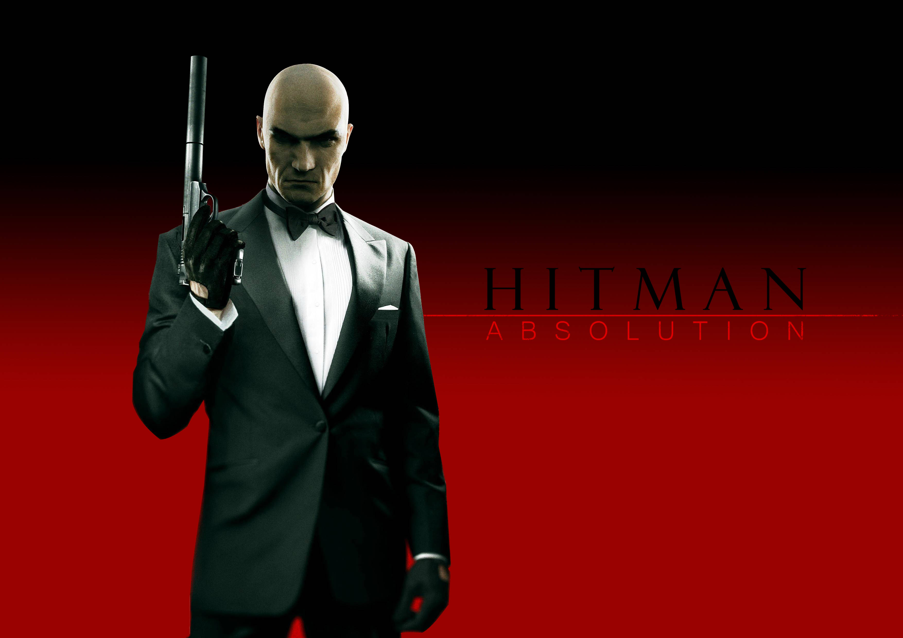 hitman absolution HD 桌布 壁紙 — 一個光頭男人穿著黑色燕尾服，在鮮明的紅黑漸變背景上拿著手槍，並帶有 'Hitman Absolution' 文字。