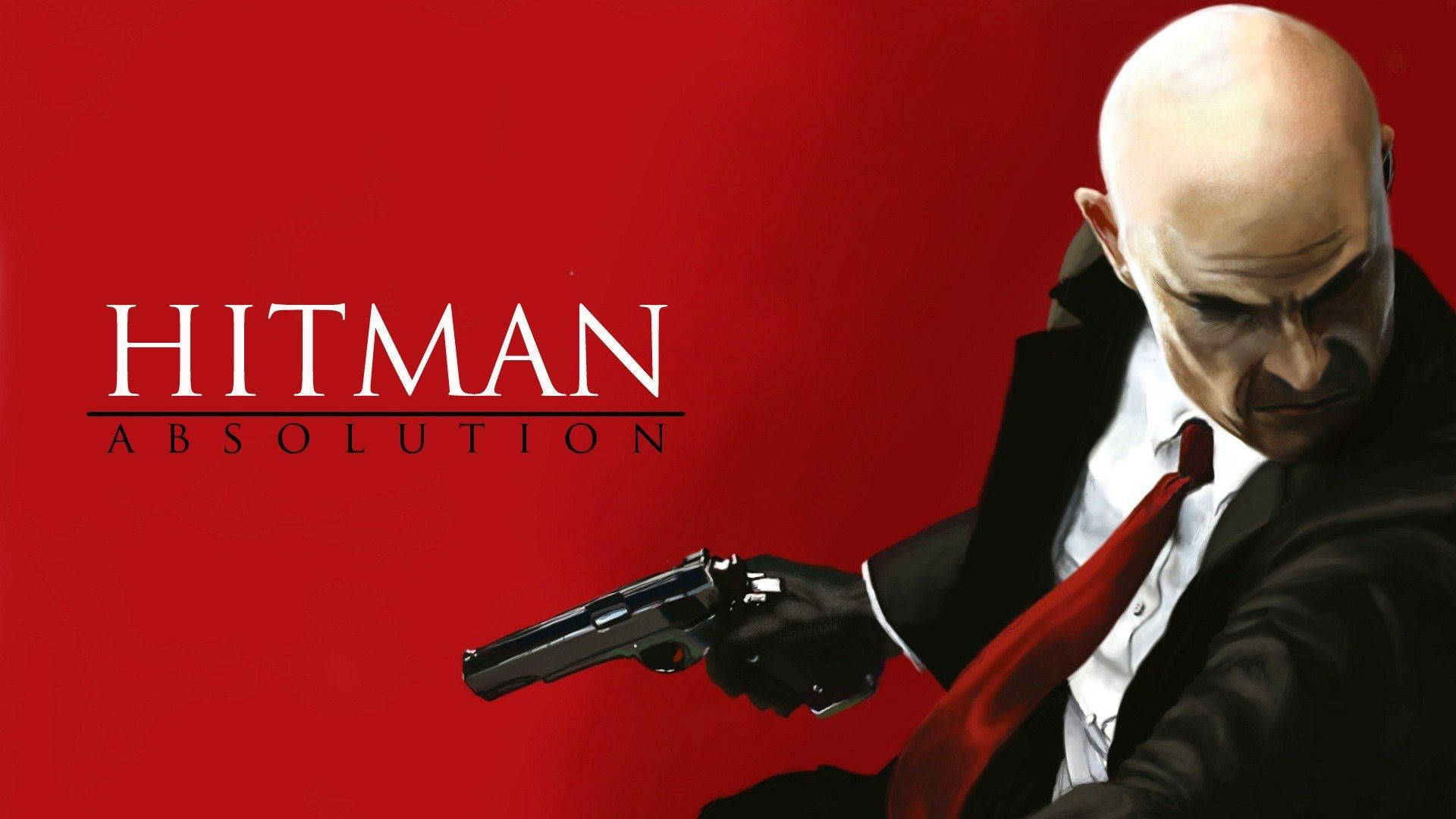 Hitman Absolution 桌布 壁紙 — 一個光頭男人穿著黑色西裝和紅色領帶，在純紅色背景上瞄準手槍，並帶有「HITMAN ABSOLUTION」文字。