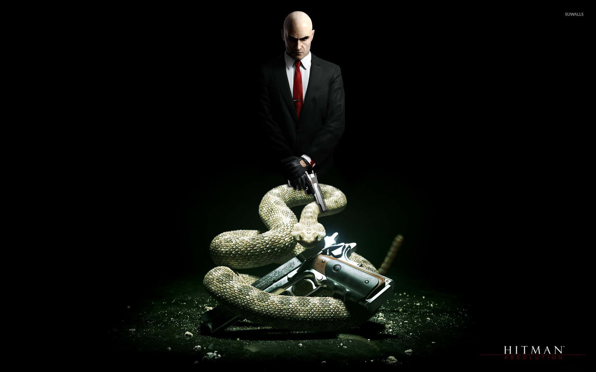 1080p Hitman Absolution 桌布 壁紙 — 一個光頭男人穿著黑色西裝和紅色領帶，站在一條盤繞的蛇上，手持槍支，腳邊有其他武器，背景黑暗。