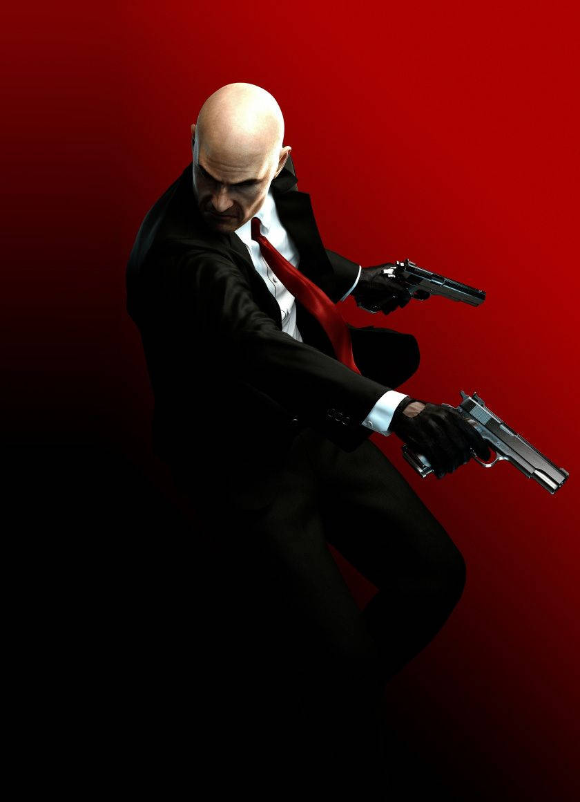 hitman iPhone 桌布 壁紙 — 一個光頭男人穿著黑色西裝和紅色領帶，在鮮紅色的背景下瞄準兩把手槍。