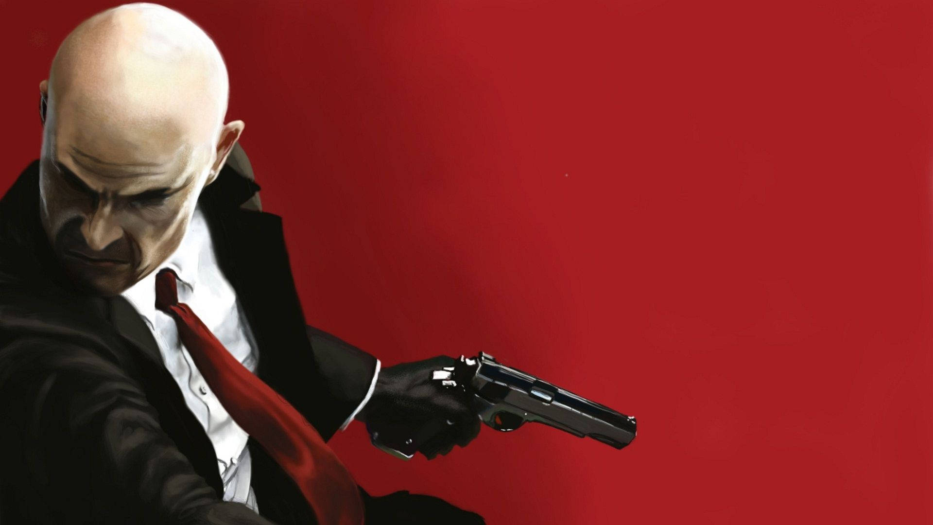 Hitman Absolution 桌布 壁紙 — 一個光頭男人穿著黑色西裝和紅色領帶，在鮮紅色的背景前瞄準手槍。
