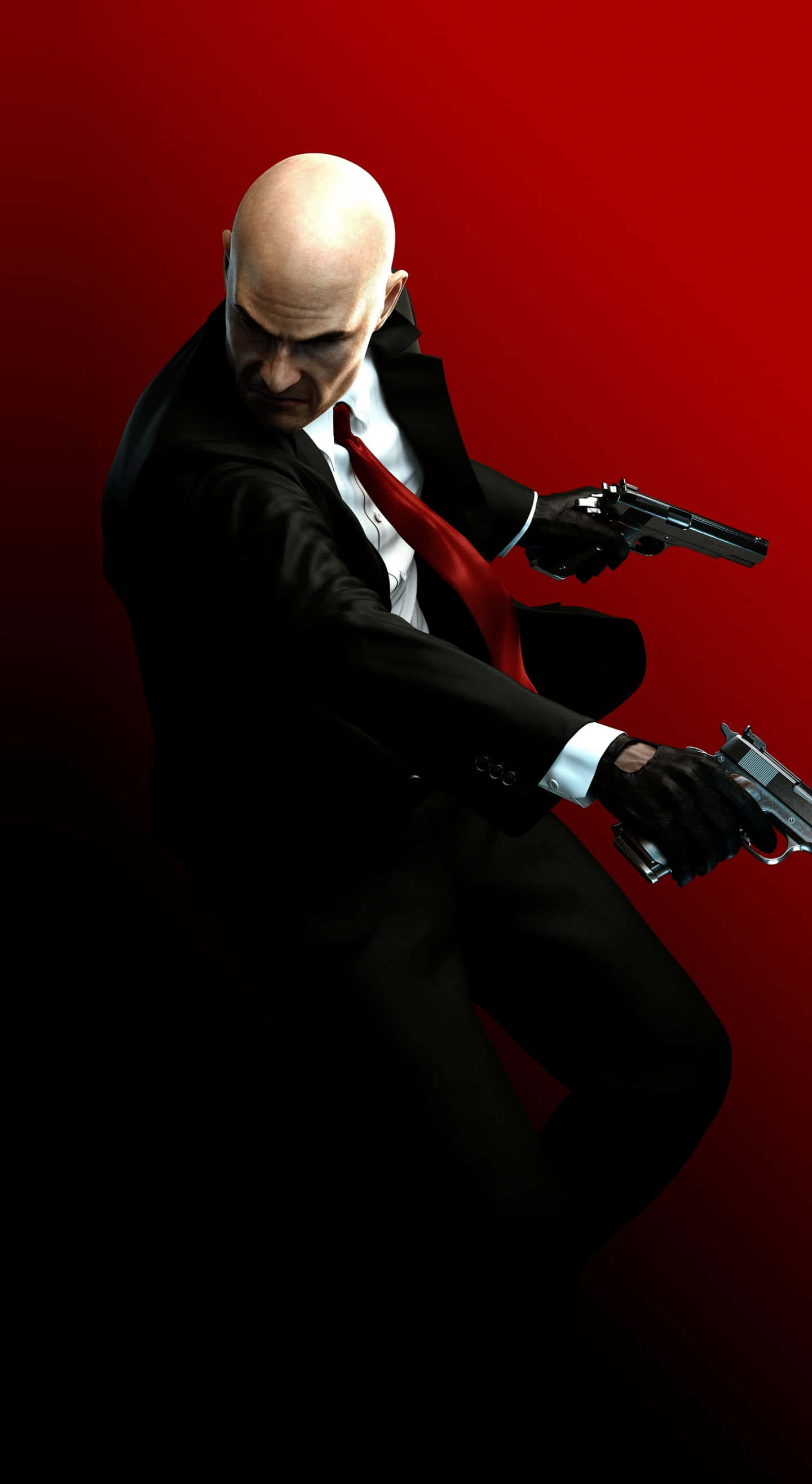 Pixel 3xl Hitman 桌布 壁紙 — 一個光頭男人穿著黑色西裝和紅色領帶，在鮮紅色背景前瞄準兩把手槍。