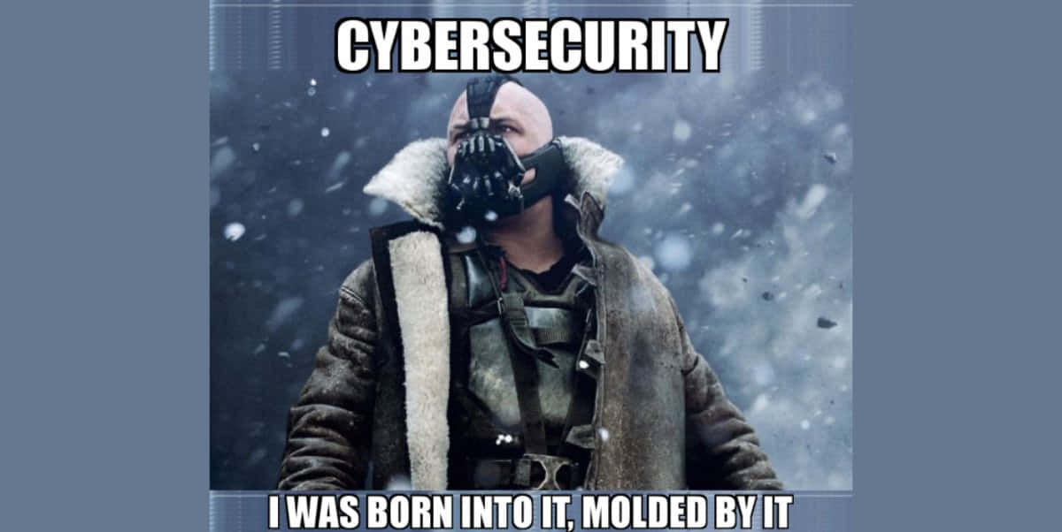 Cybersecurity Memes 桌布 壁紙 — 一個光頭男子在暴風雪中，戴著蝙蝠狀面具，穿著毛領大衣，上面有關於網路安全的文字。