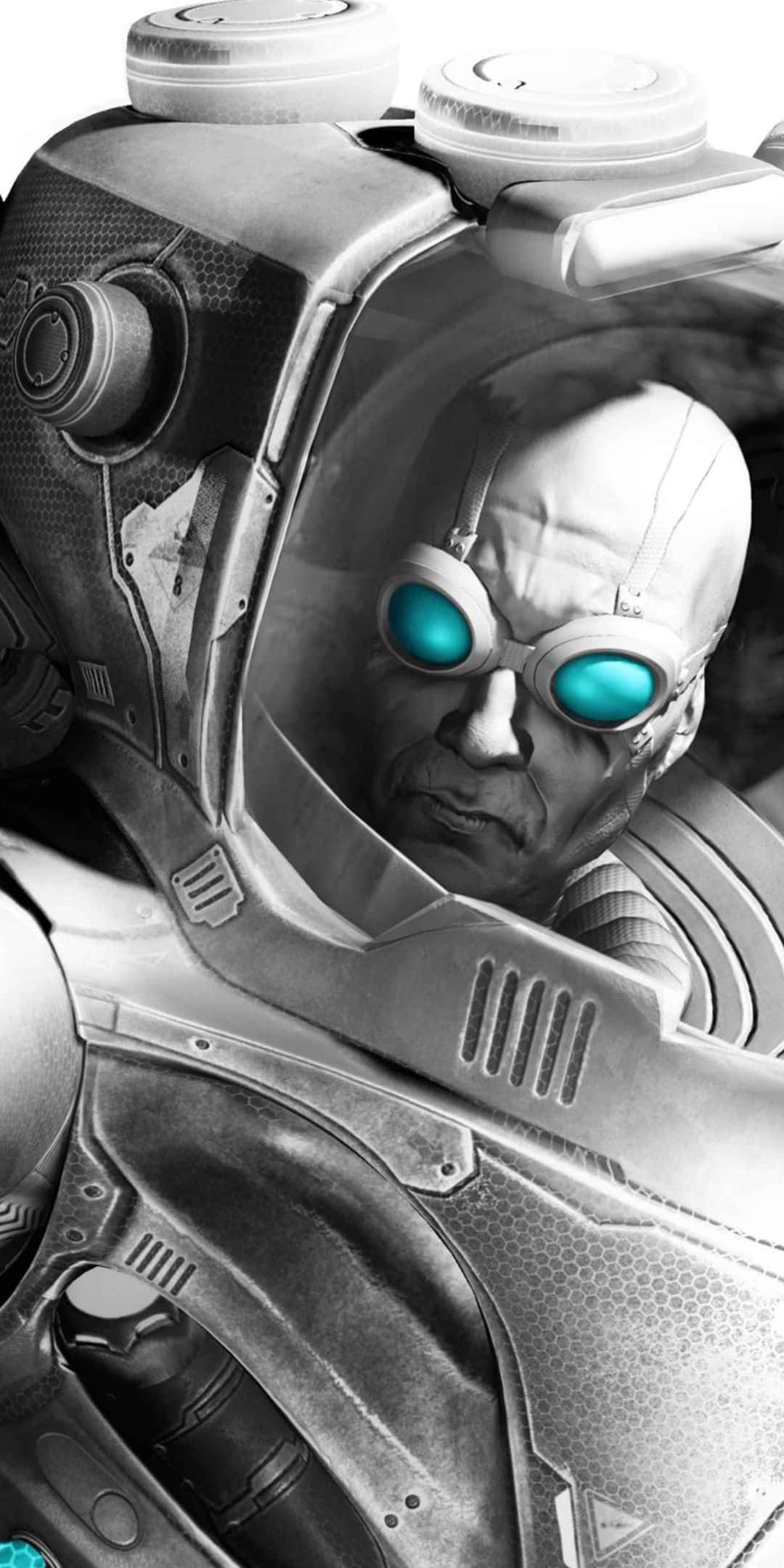 Mr Freeze 桌布 壁紙 — 一個光頭男子戴上未來風格的頭盔，配以發光的青色護目鏡，背景為單色金屬質感。