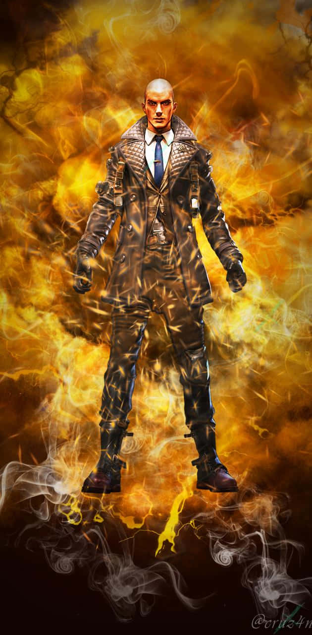 火焰動畫 桌布 壁紙 — 一個光頭男子穿著有紋理的風衣和領帶，挑釁地站在旋轉的金色火焰和煙霧中。
