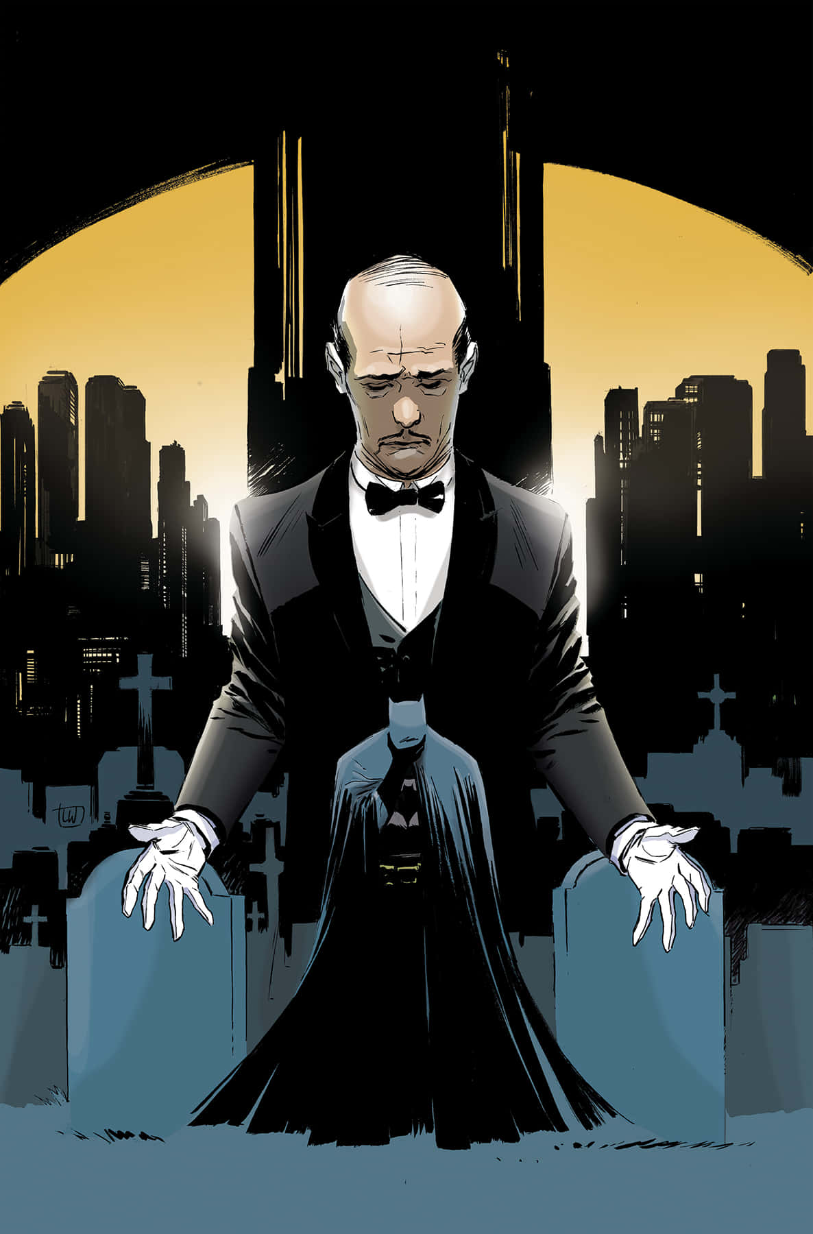 Alfred Pennyworth 桌布 壁紙 — 一個光頭男子穿著禮服站在墓地，背後是黃昏時閃耀的城市天際線。