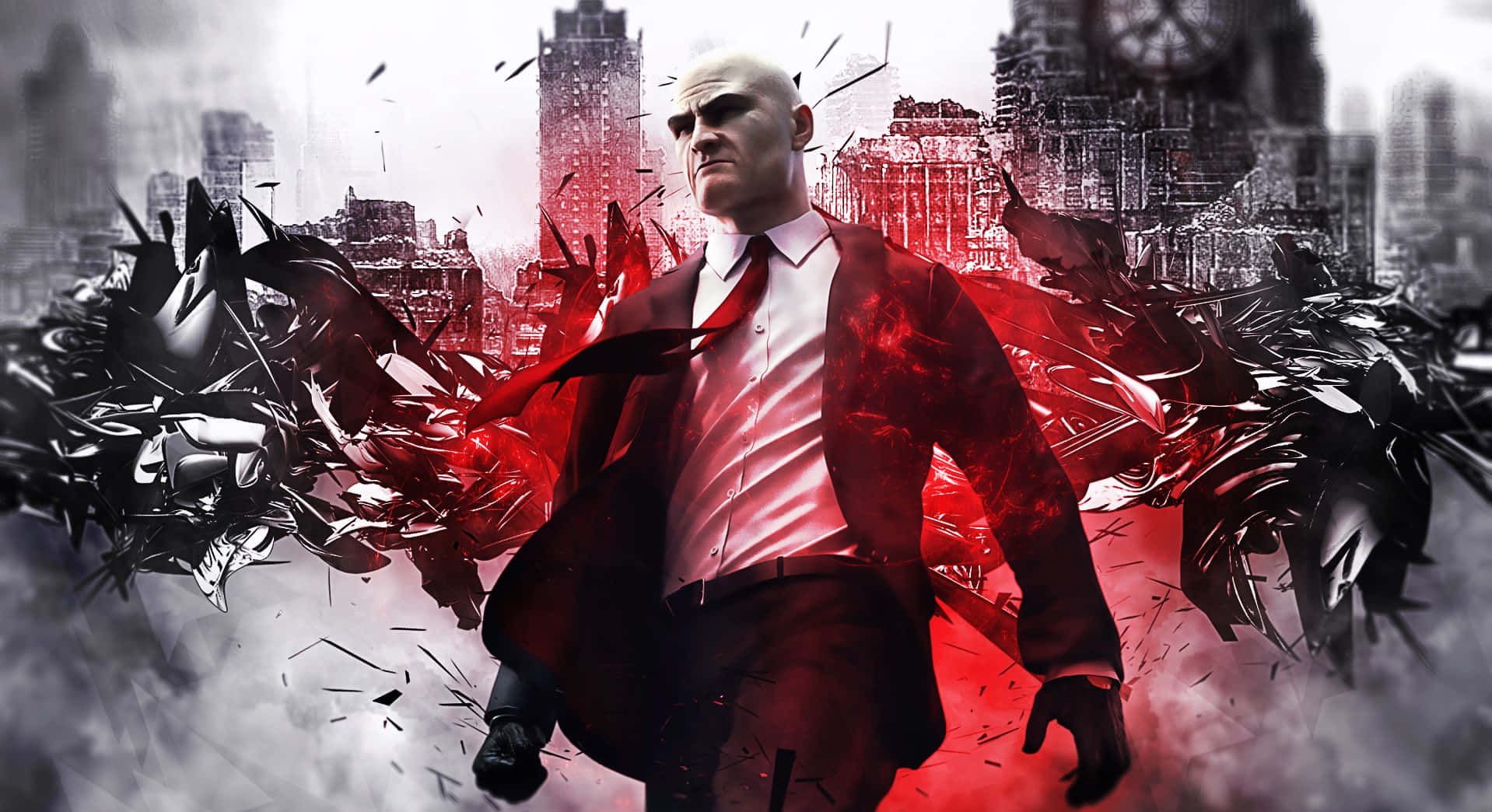 HD Hitman Absolution 桌布 壁紙 — 一個光頭男子穿著紅色西裝，大步走過一個破碎的城市景觀，周圍有紅色能量爆發和黑色碎片飛舞。