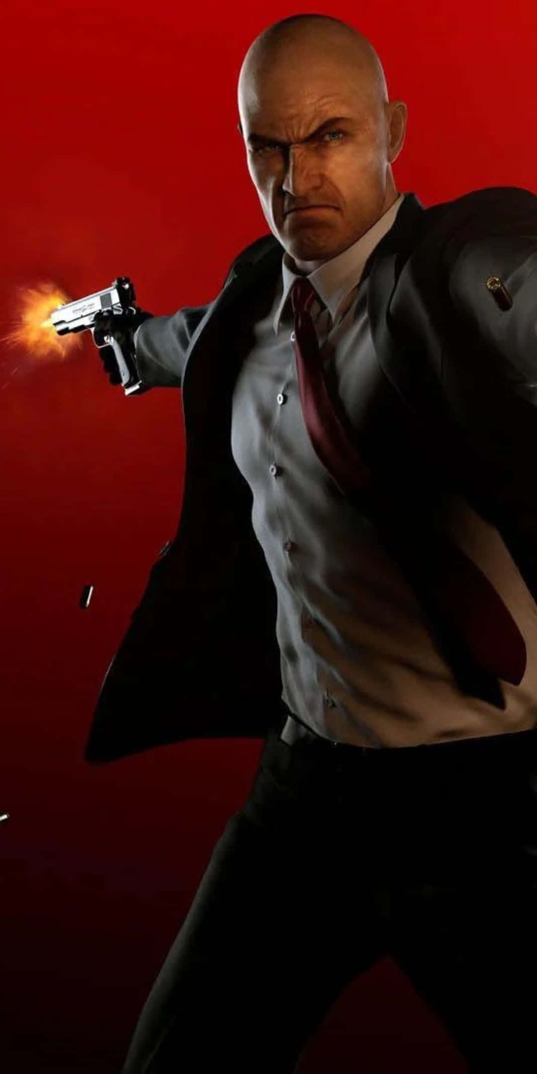Pixel 3 Hitman Absolution 桌布 壁紙 — 一個光頭男子穿著西裝，在鮮紅色背景上開槍，槍口冒煙，子彈飛舞。