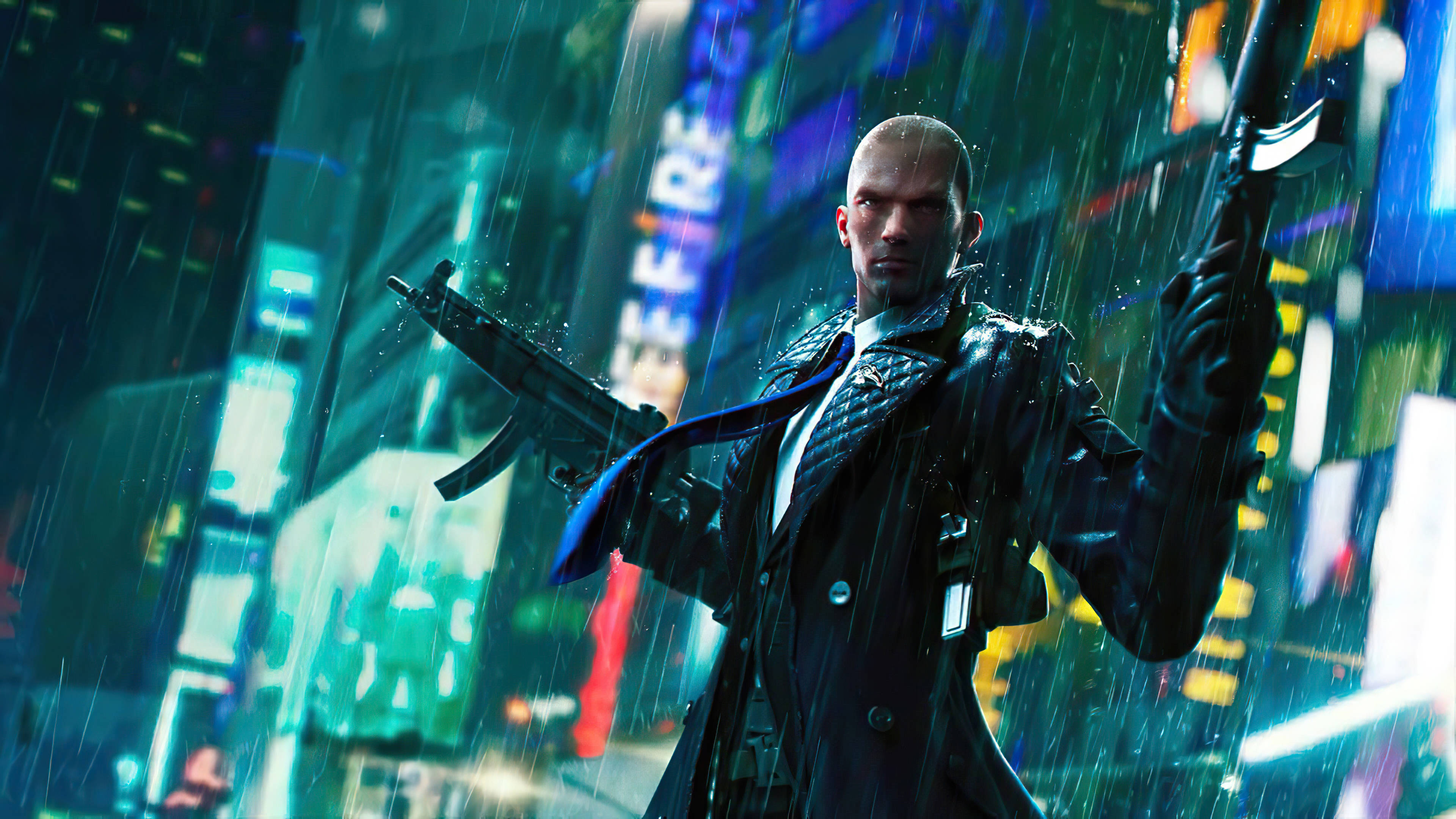 free fire 2021 桌布 壁紙 — 一個光頭男子穿著風衣，在霓虹雨中的賽博龐克城市景觀中手持兩把槍。