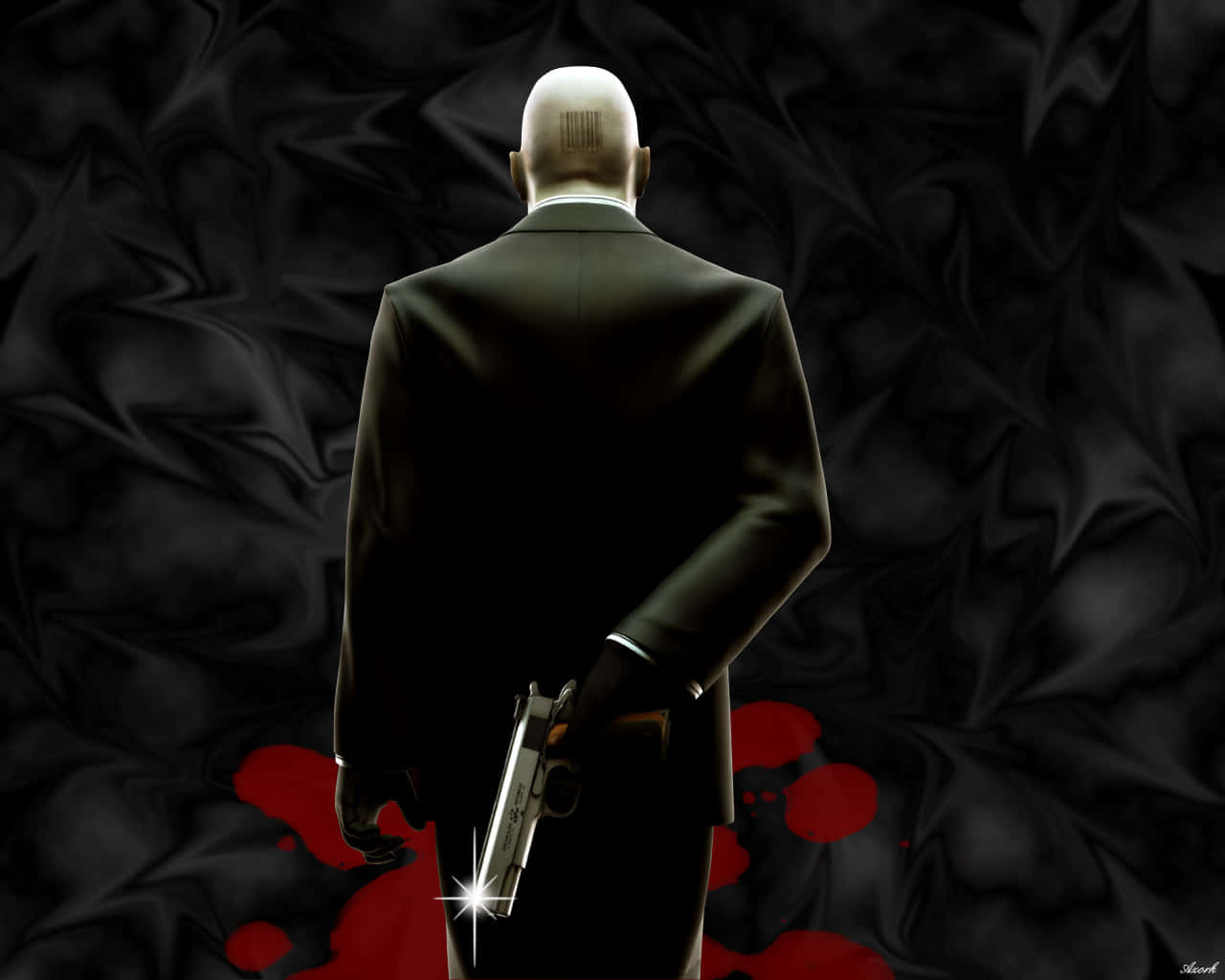Hitman 2 桌布 壁紙 — 一個光頭男子穿著黑色西裝，手持一把帶有發光星爆的槍，背景是深色皺褶布料，上面有紅色飛濺。
