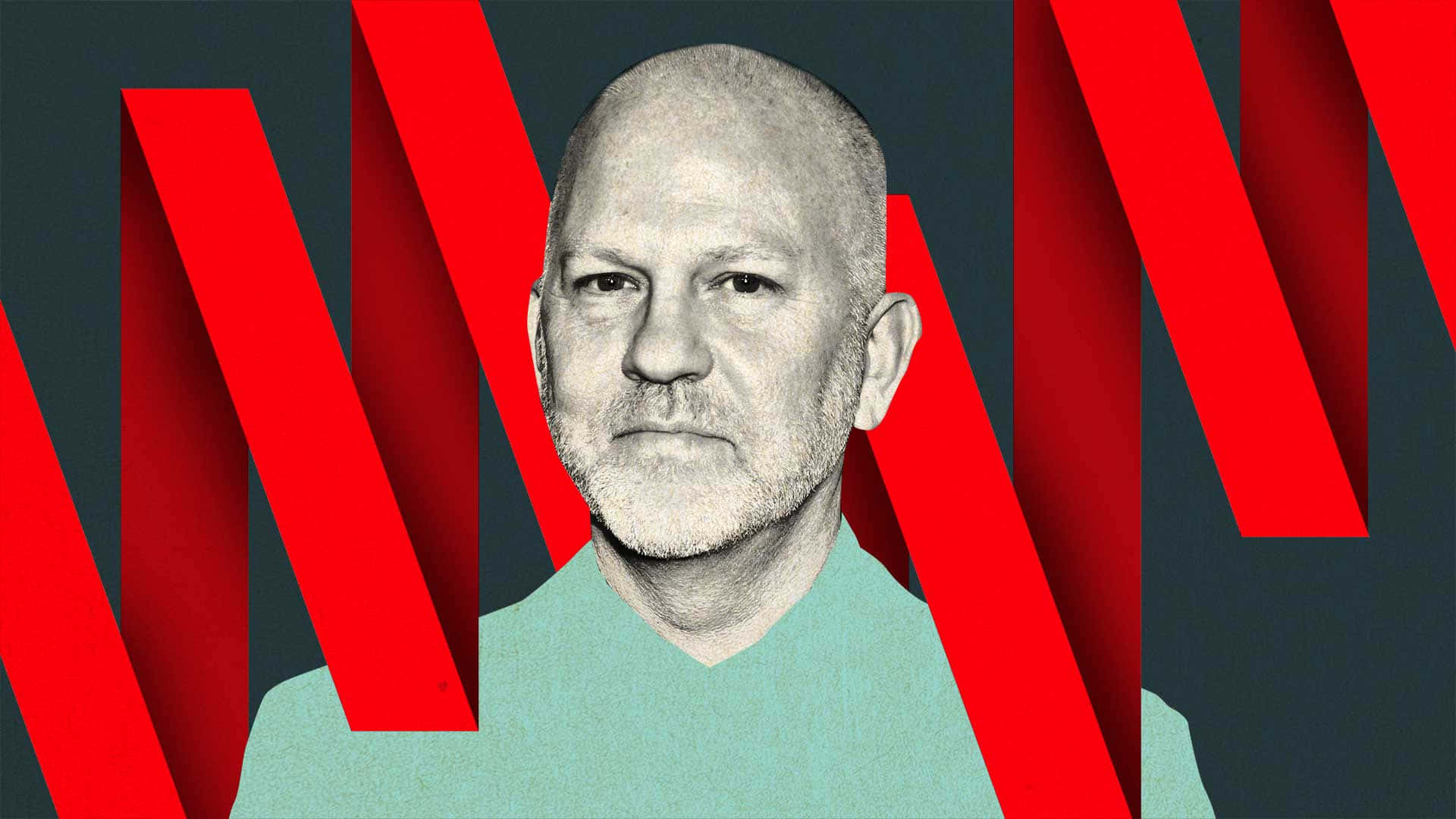 Netflix 桌布 壁紙 — 一個光頭男子表情嚴肅，穿著一件青綠色襯衫，背景是深色帶有鮮明的紅色對角線條紋。