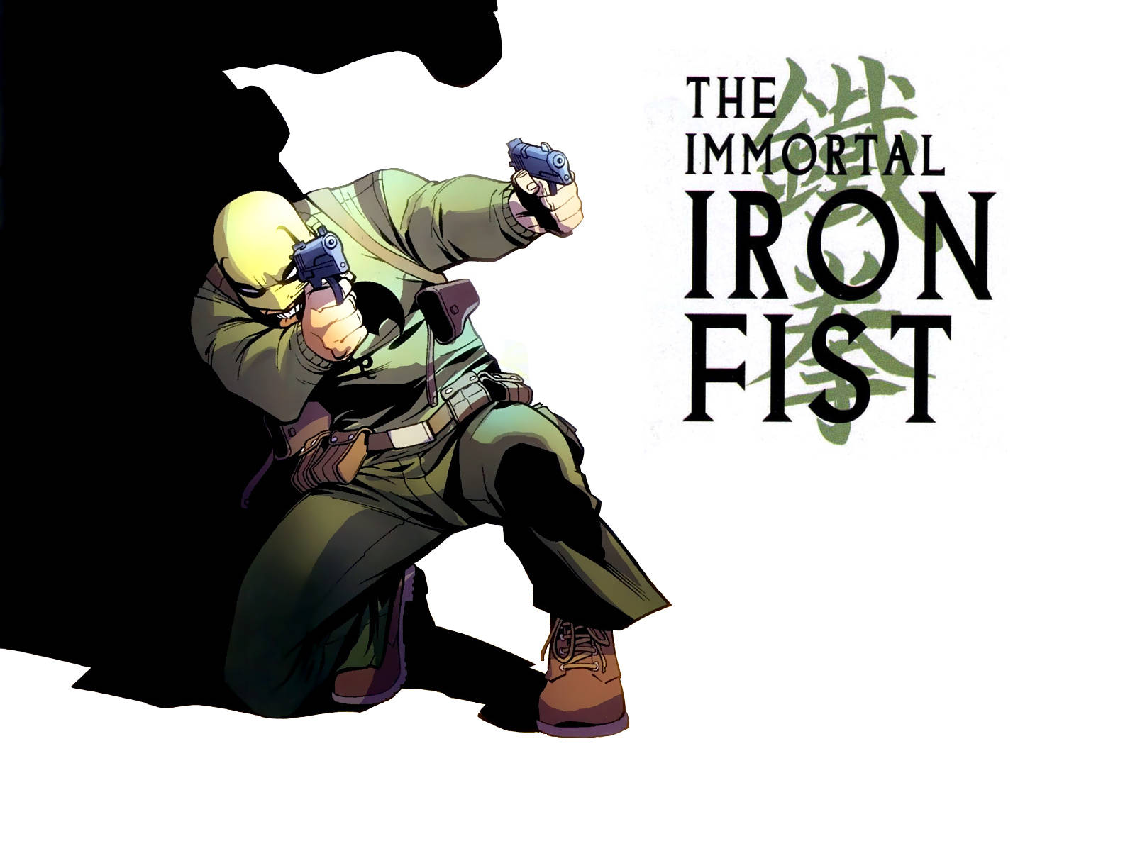 動漫角色以戰鬥姿勢用兩把手槍射擊，標題為The Immortal Iron Fist。