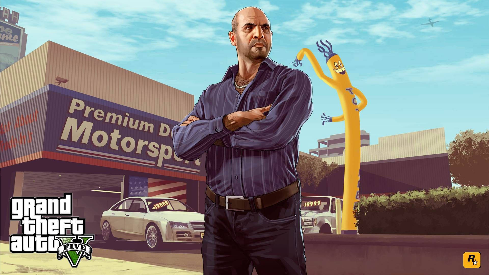 Gta 桌布 壁紙 — 一個光頭男子身穿藍色襯衫，雙臂交叉站在「Premium Motorsport」經銷店前，店內有黃色充氣吉祥物和一輛白色汽車。