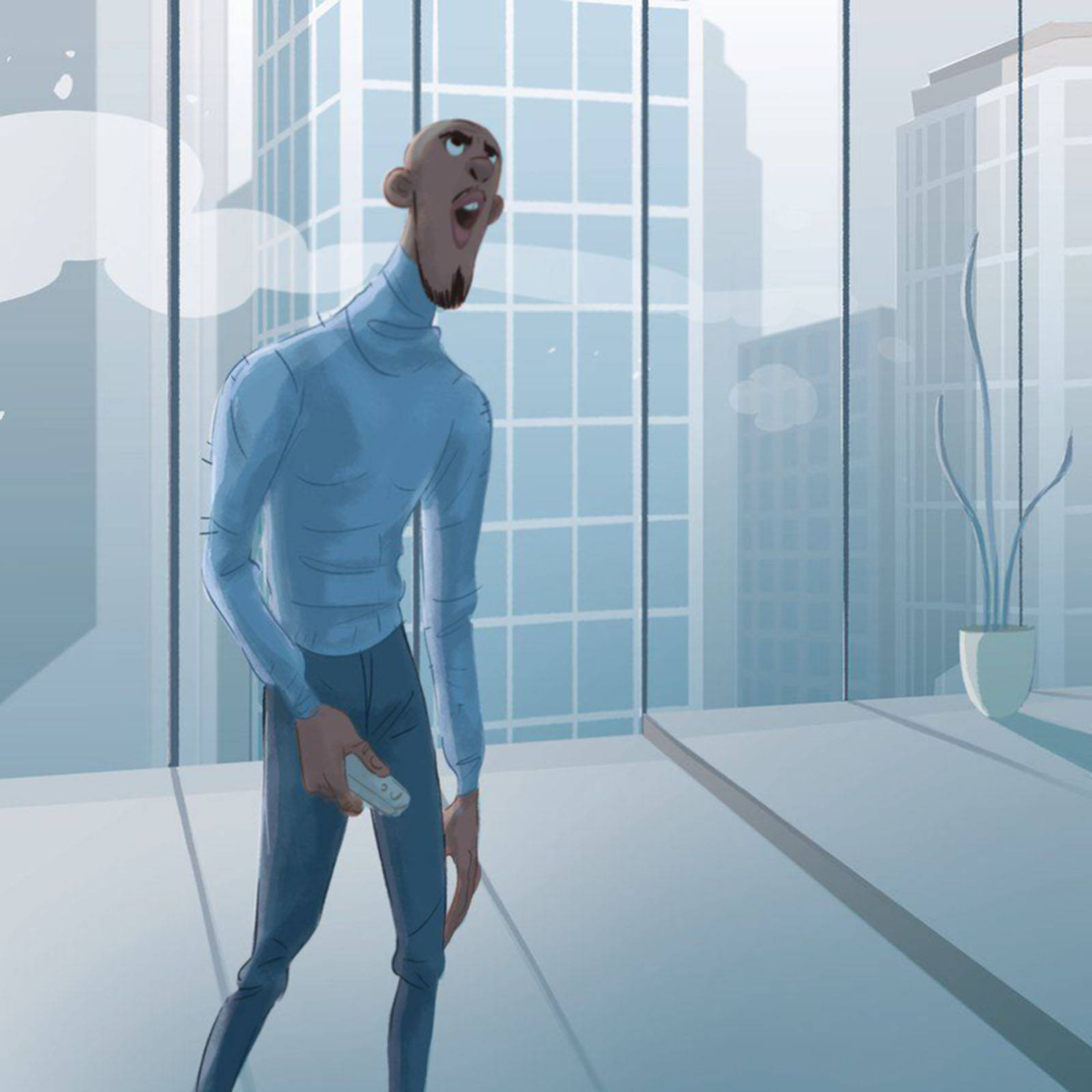 Frozone 桌布 壁紙 — 一個光頭男子身穿藍色高領毛衣，站在極簡風格的玻璃牆辦公室裡，手持遙控器，震驚得張大了嘴。