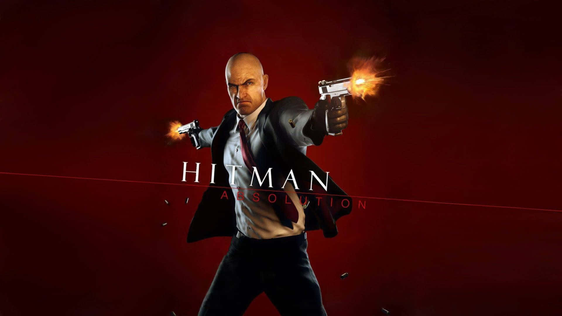 1920x1080 Hitman Absolution 桌布 壁紙 — 一個光頭男子身穿西裝，在深紅色背景上開兩槍，伴有槍口閃光和遊戲標題文字。