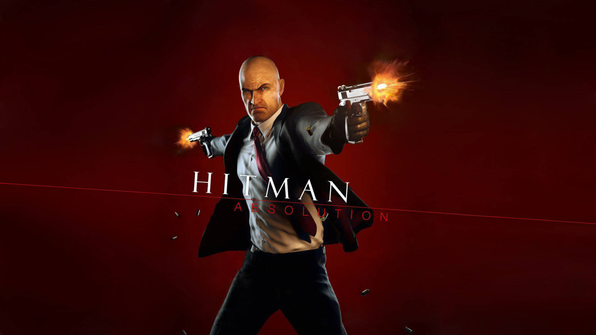 Hitman Absolution 桌布 壁紙 — 一個光頭男子身穿西裝，在深紅色背景前發射兩把手槍，伴隨著槍口閃光和散落的子彈。