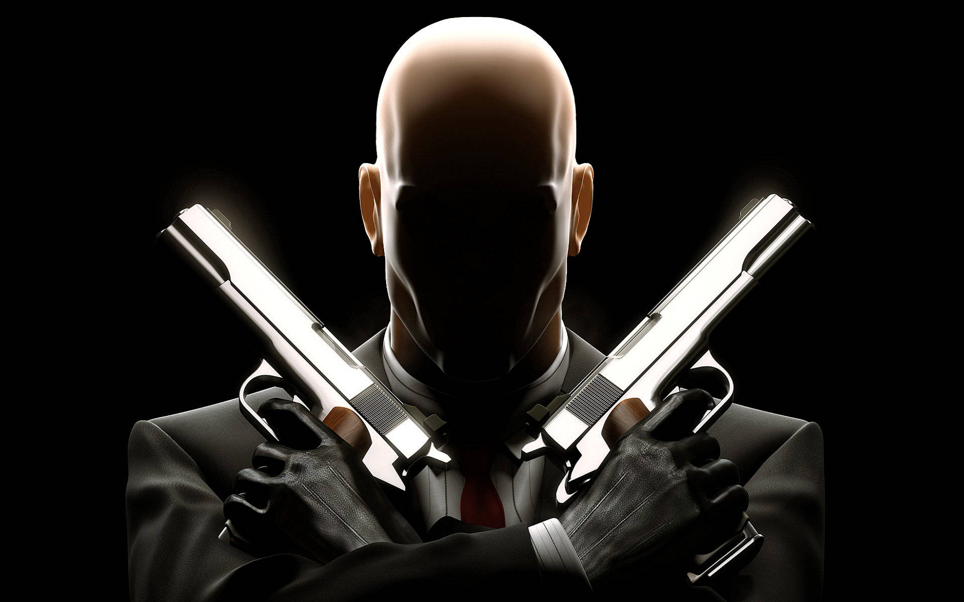 hitman absolution HD 桌布 壁紙 — 一個光頭男子身穿西裝，在黑色背景前將兩把銀色手槍交叉舉在臉前。