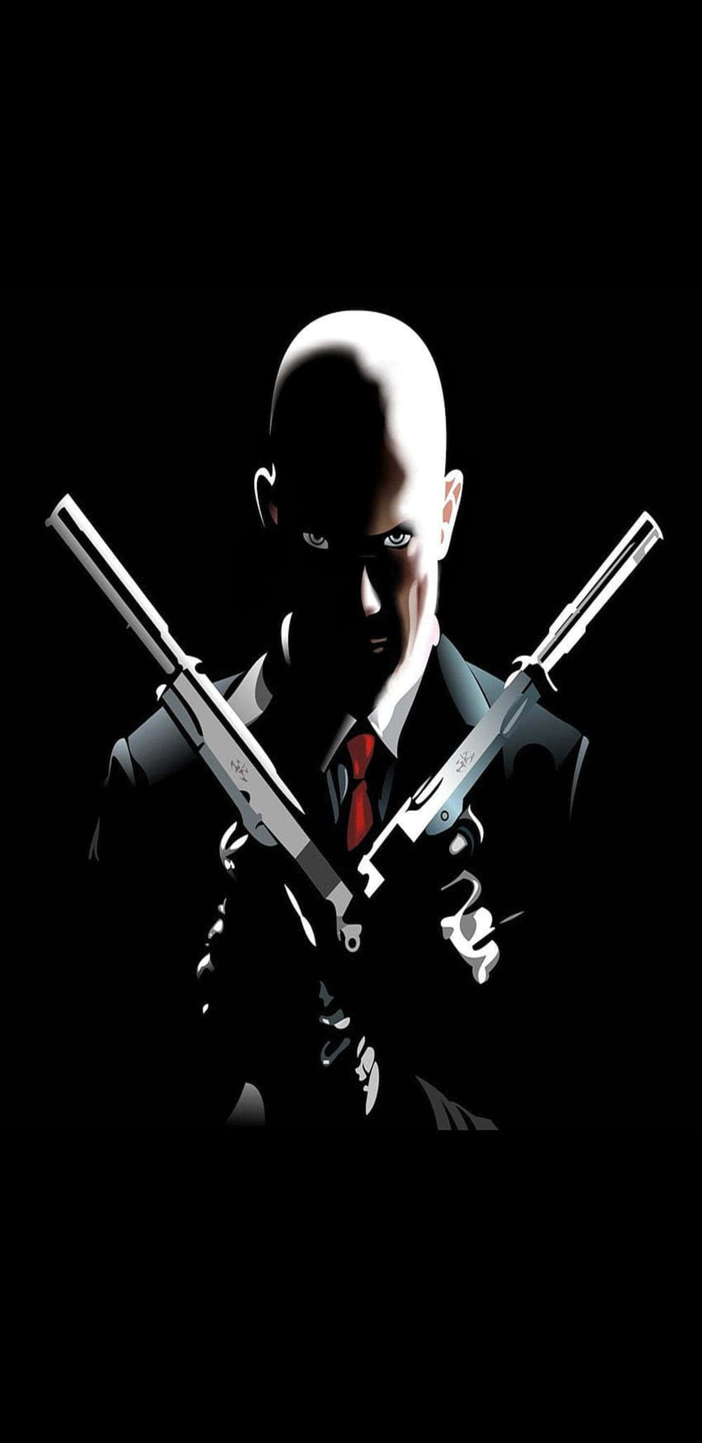 Pixel 3xl Hitman 桌布 壁紙 — 一個光頭男子身穿西裝，在黑色背景和戲劇性燈光下手持兩把交叉的手槍。