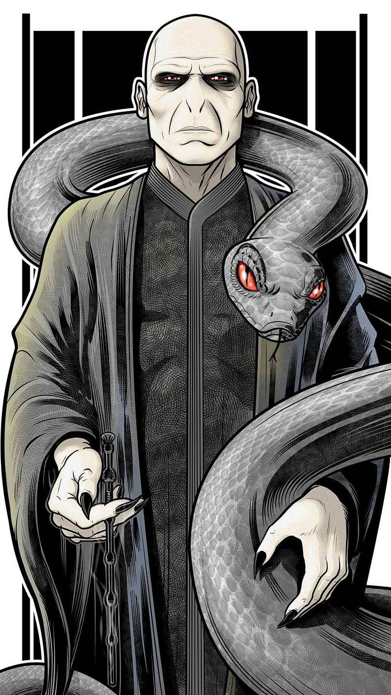voldemort 桌布 壁紙 — 一個光頭男子身穿黑色長袍，手持一條纏繞在他肩膀和手上的蛇，蛇的眼睛發出紅光。